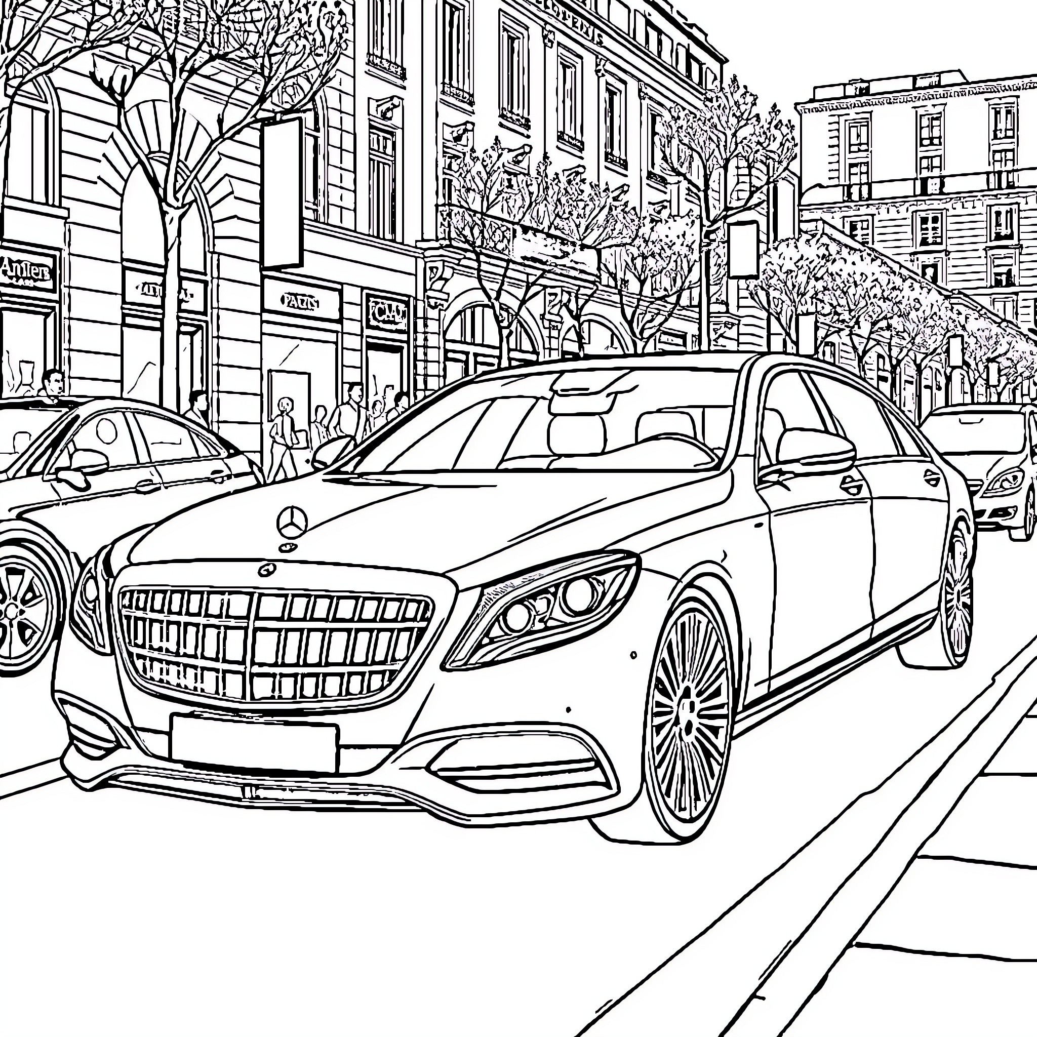 Mercedes Maybach in a city street scene Coloring Page (free black-and-white line drawing printable PDF for all, from beginners to advanced learners, including children, teens, adults, and seniors)