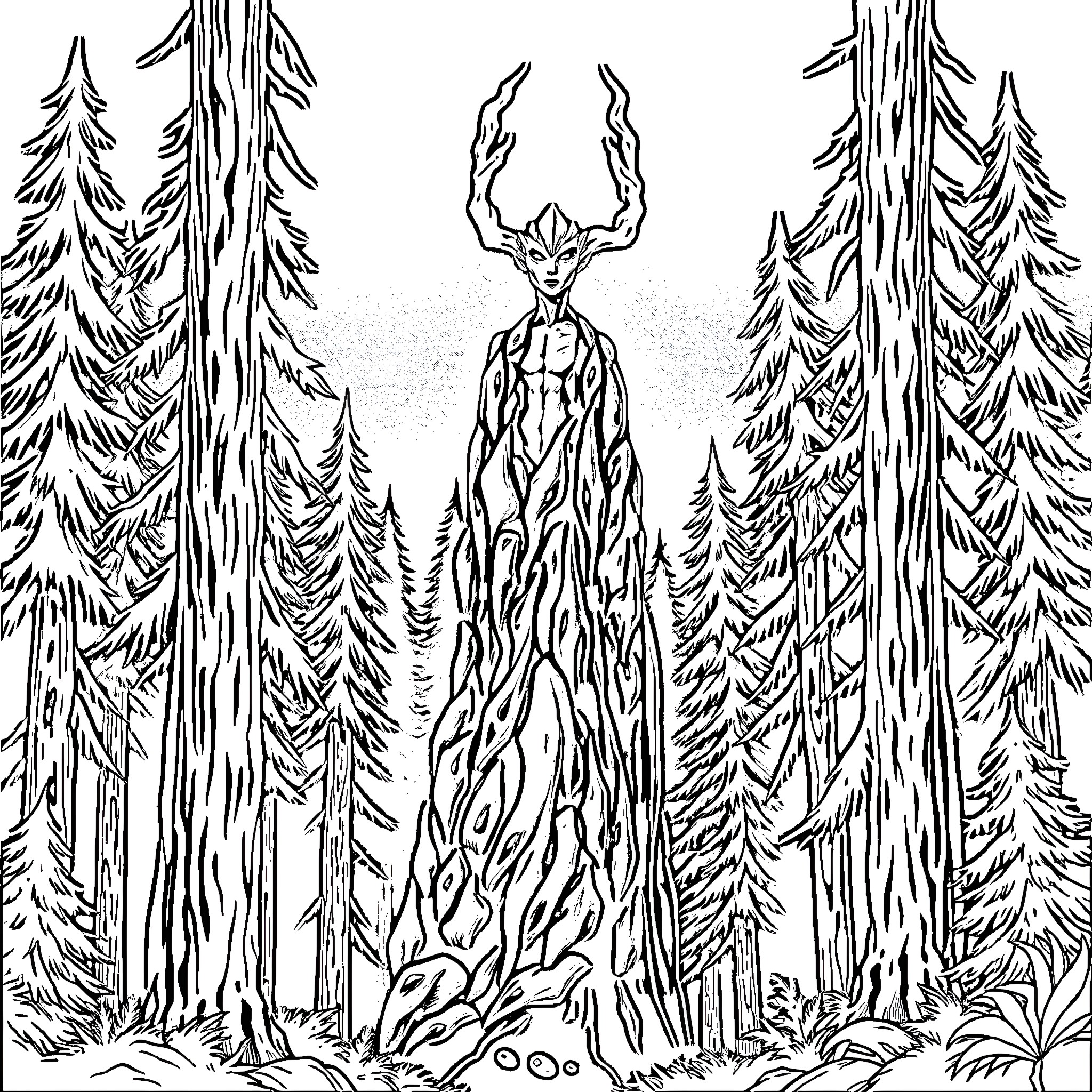 Sirenhead arising from the dark forest Coloring Page (free black-and-white line drawing printable PDF for all, from beginners to advanced learners, including children, teens, adults, and seniors)