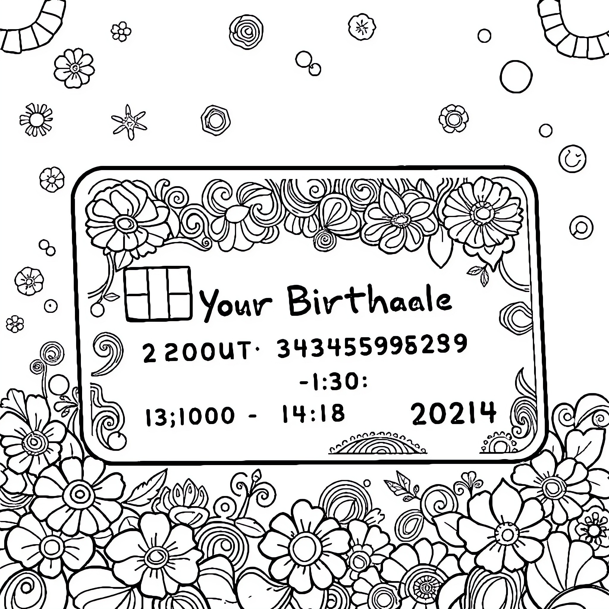 Credit Card with Colorful Floral Doodle Designs Coloring Page (free black-and-white line drawing printable PDF for all, from beginners to advanced learners, including children, teens, adults, and seniors)