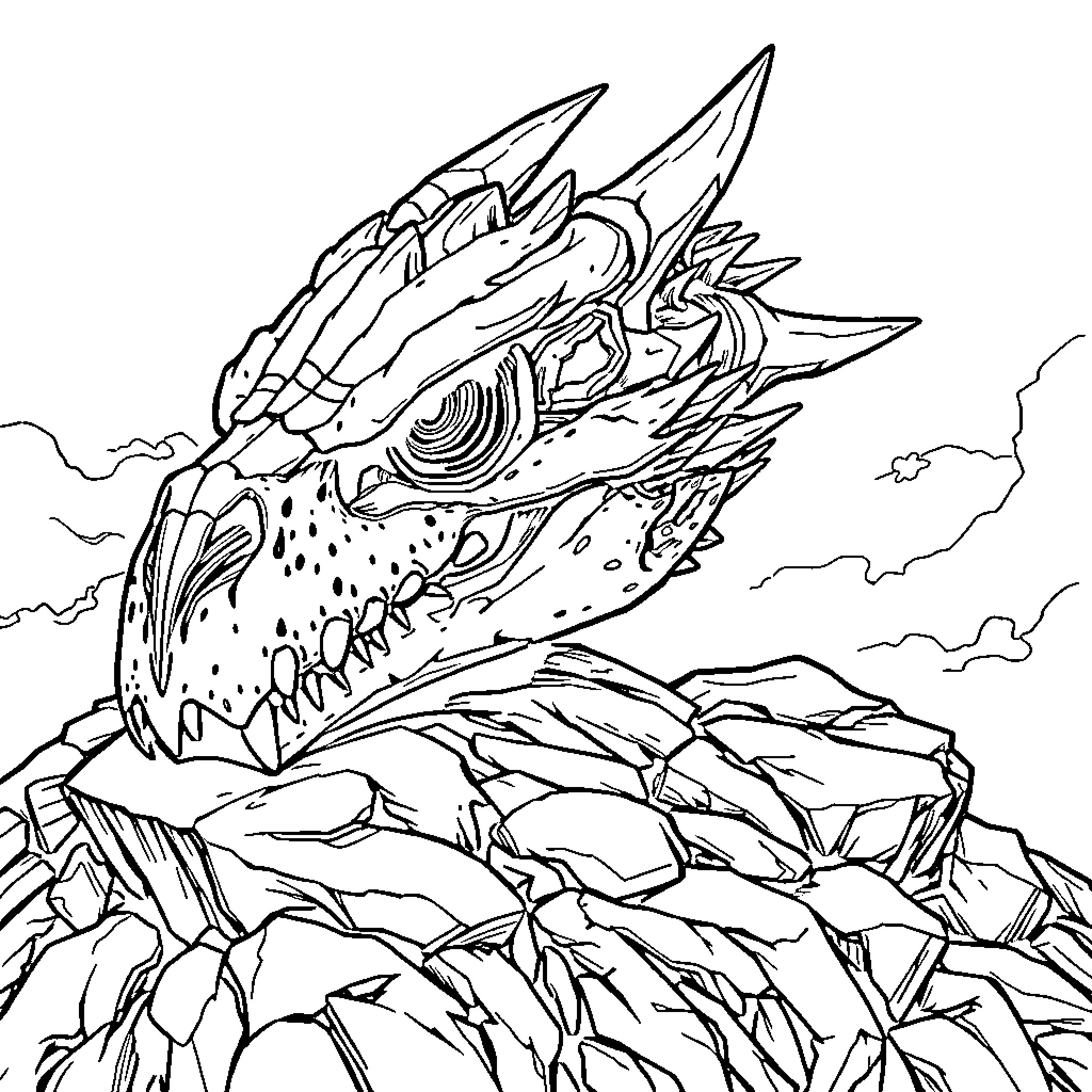 Dragon Emerging from Rugged Terrain Coloring Page (free black-and-white line drawing printable PDF for all, from beginners to advanced learners, including children, teens, adults, and seniors)