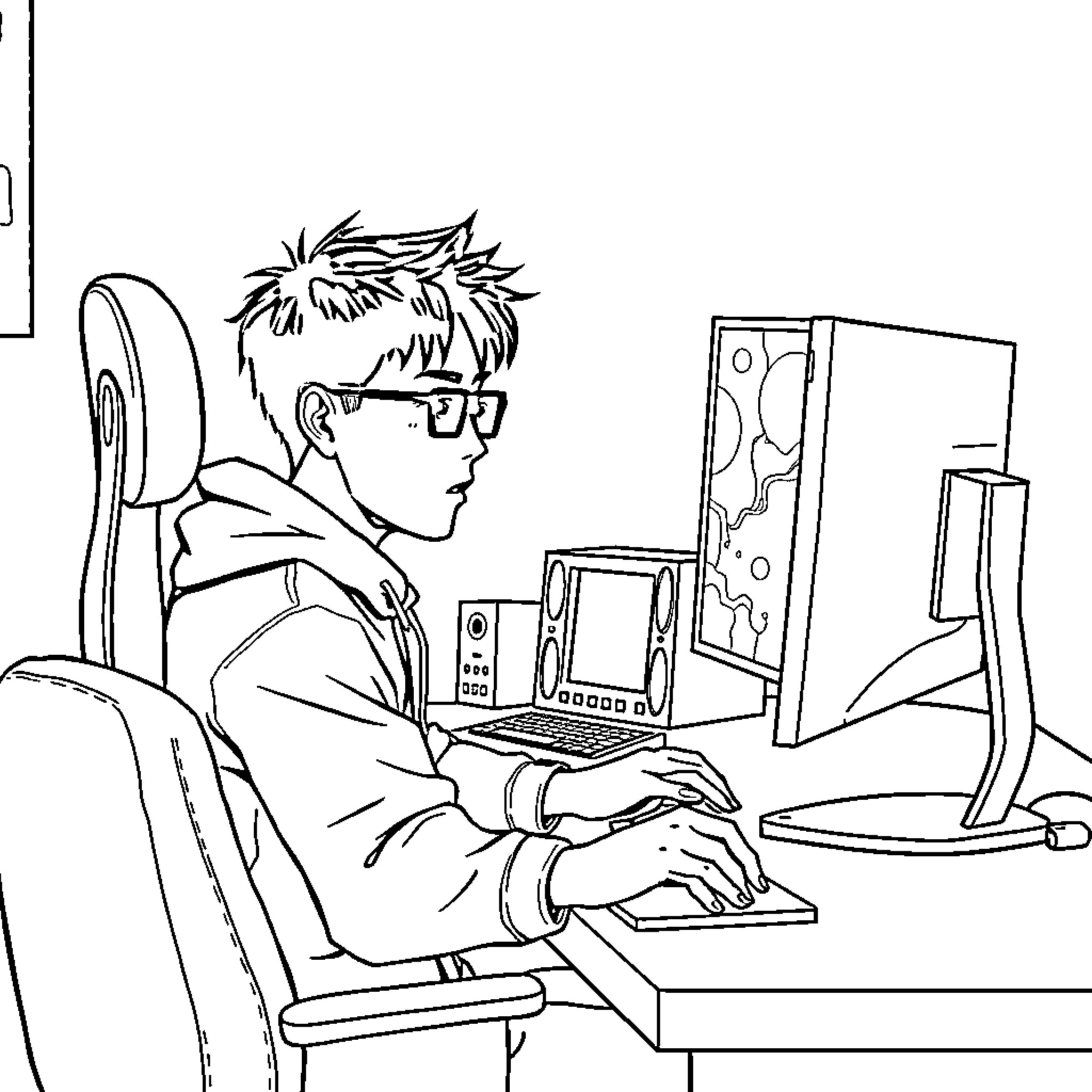 Sun Jin Woo at work on computer Coloring Page (free black-and-white line drawing printable PDF for all, from beginners to advanced learners, including children, teens, adults, and seniors)