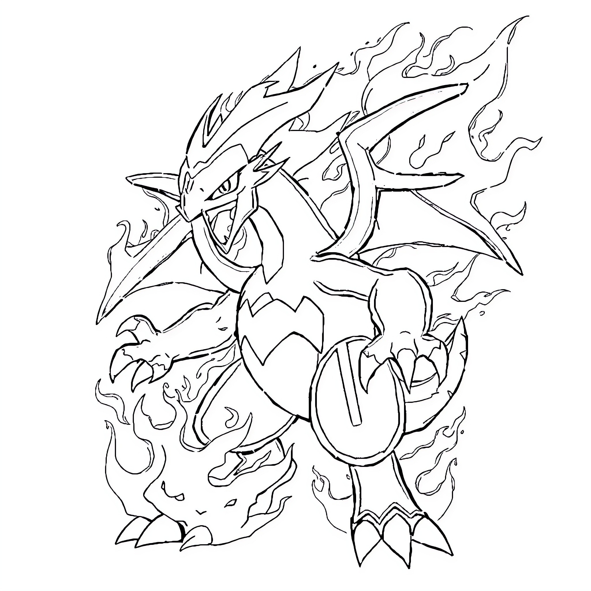 Pokémon Fierce Dragon Unleashing Powerful Flames Coloring Page (free black-and-white line drawing printable PDF for all, from beginners to advanced learners, including children, teens, adults, and seniors)