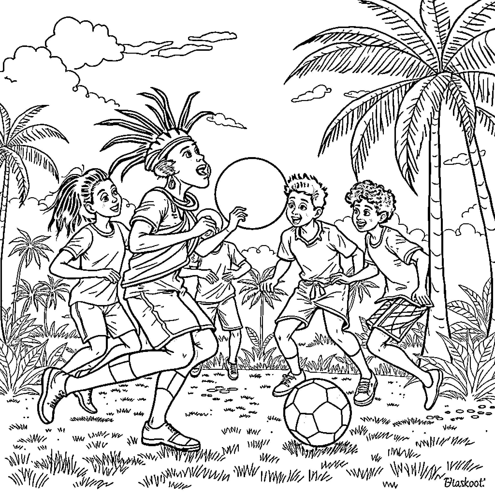 Brainroot: Children playing soccer on tropical beach Coloring Page (free black-and-white line drawing printable PDF for all, from beginners to advanced learners, including children, teens, adults, and seniors)