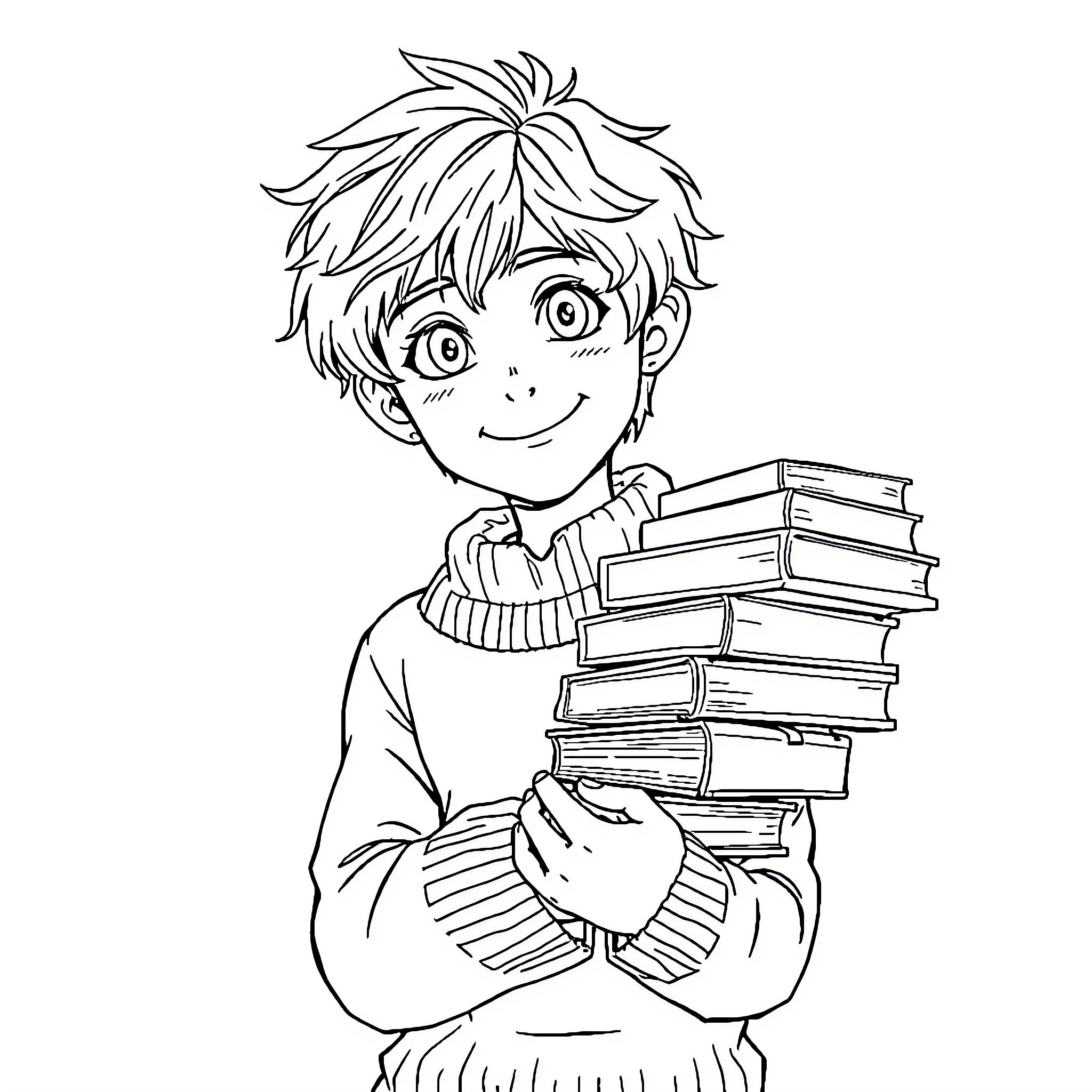 Remus Lupin holding a stack of books with a smile Coloring Page (free black-and-white line drawing printable PDF for all, from beginners to advanced learners, including children, teens, adults, and seniors)
