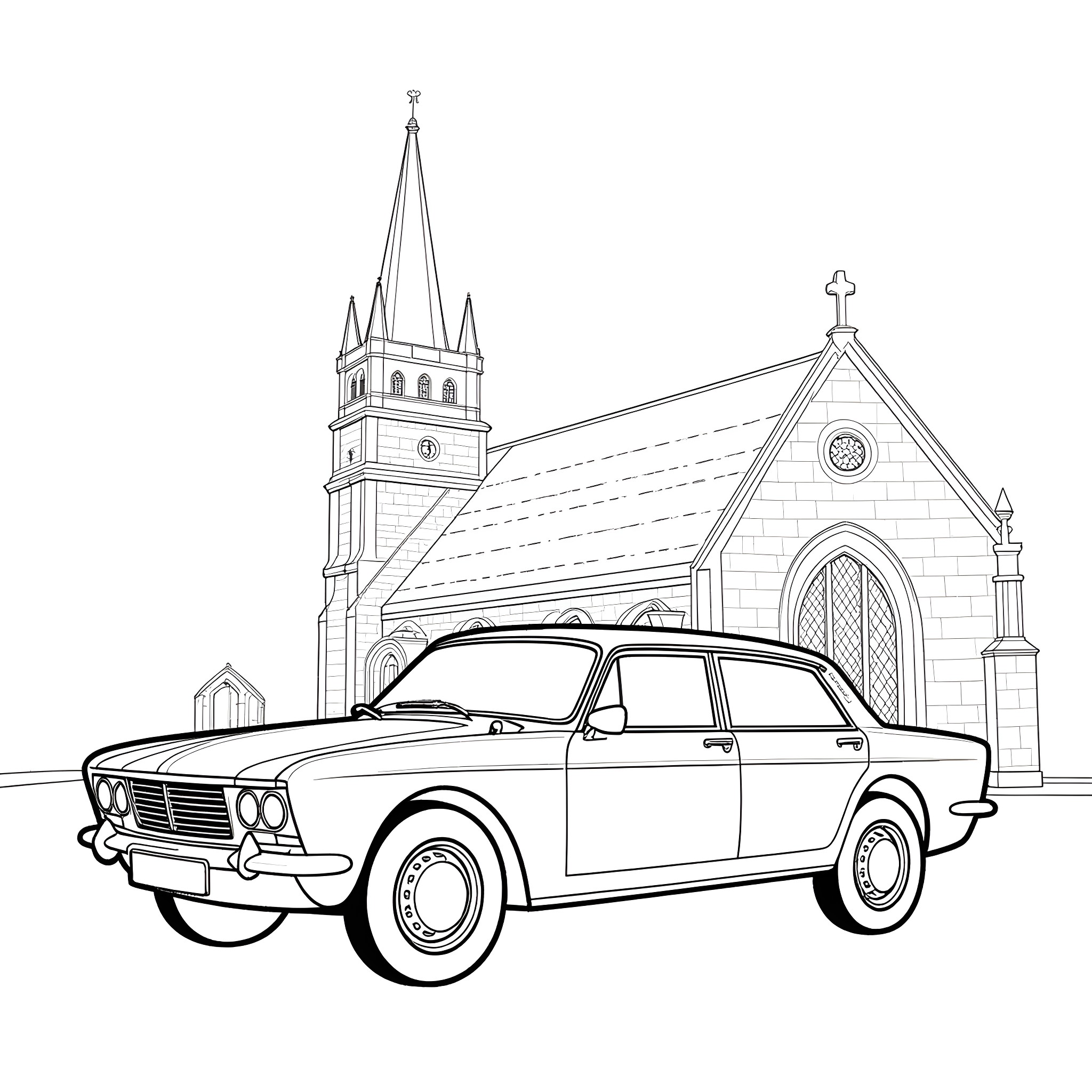 Car parked in front of church building Coloring Page (free black-and-white line drawing printable PDF for all, from beginners to advanced learners, including children, teens, adults, and seniors)