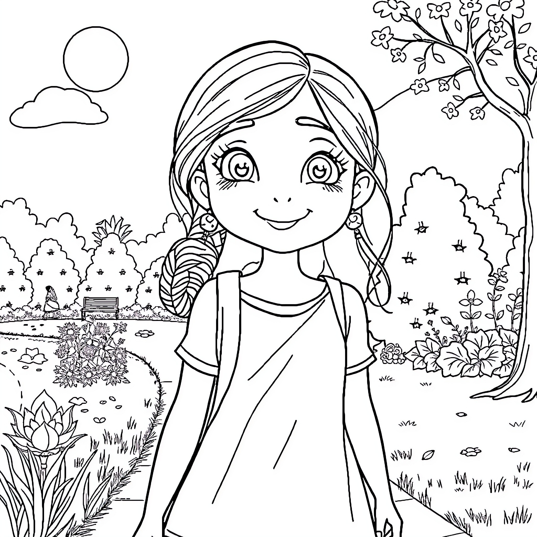 Dhaniksha's enchanting journey through the garden Coloring Page (free black-and-white line drawing printable PDF for all, from beginners to advanced learners, including children, teens, adults, and seniors)