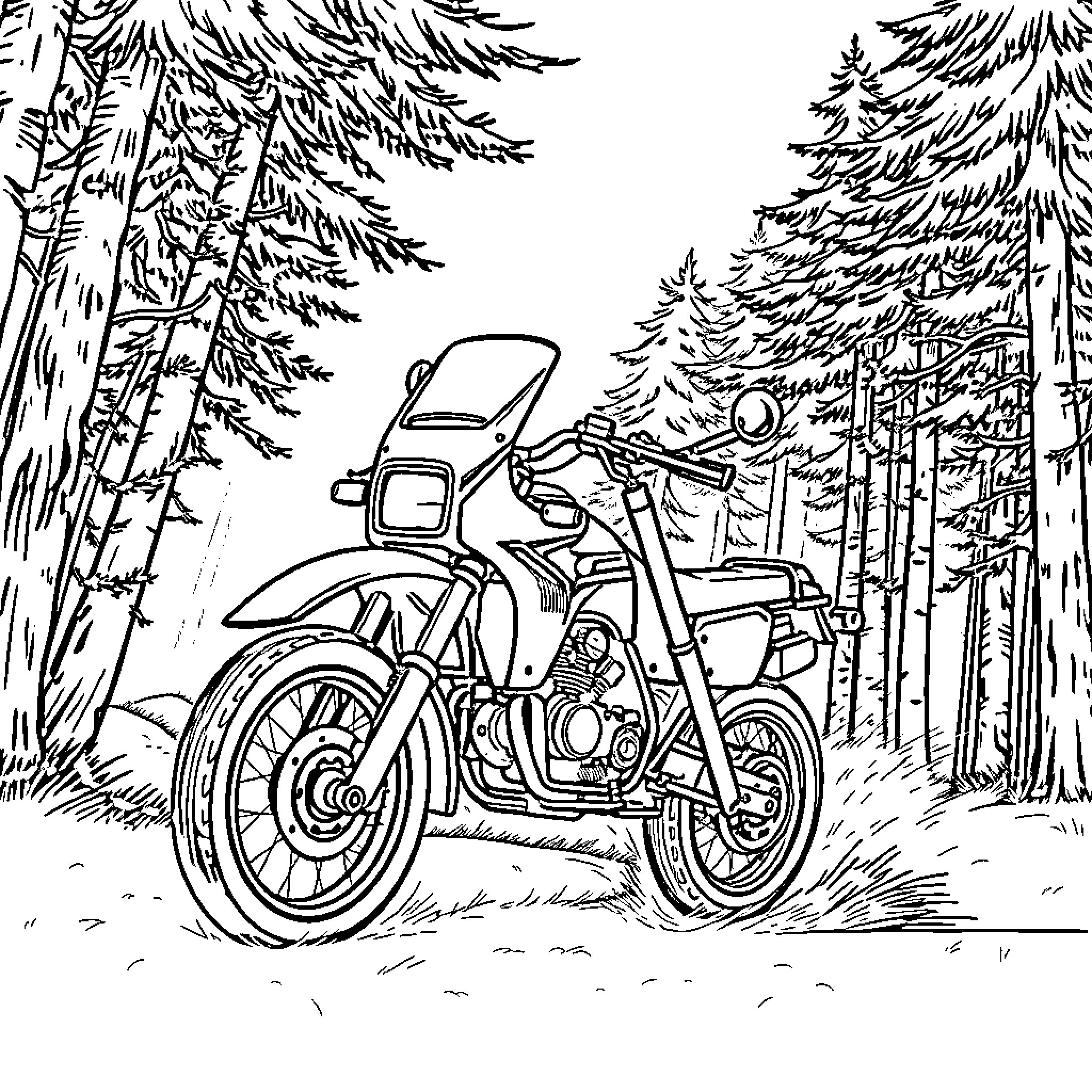 Honda motorcycle in the forest Coloring Page (free black-and-white line drawing printable PDF for all, from beginners to advanced learners, including children, teens, adults, and seniors)