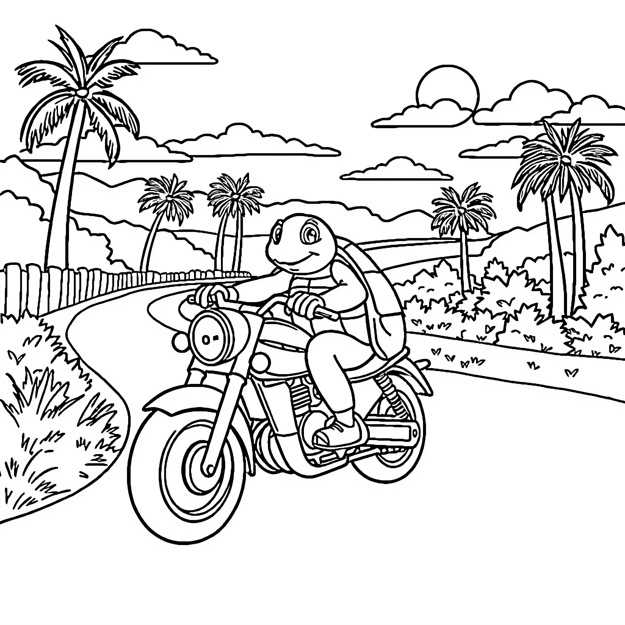 Turtle riding motorcycle through tropical landscape Coloring Page (free black-and-white line drawing printable PDF for all, from beginners to advanced learners, including children, teens, adults, and seniors)