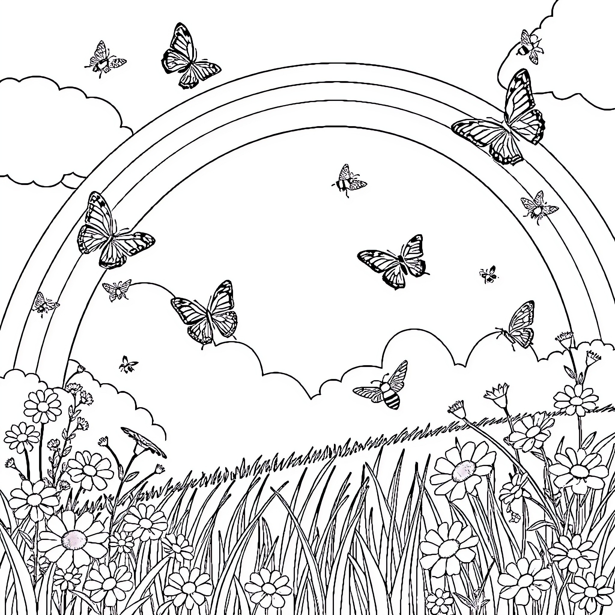 Flower Garden with Butterflies and Rainbows Coloring Page (free black-and-white line drawing printable PDF for all, from beginners to advanced learners, including children, teens, adults, and seniors)