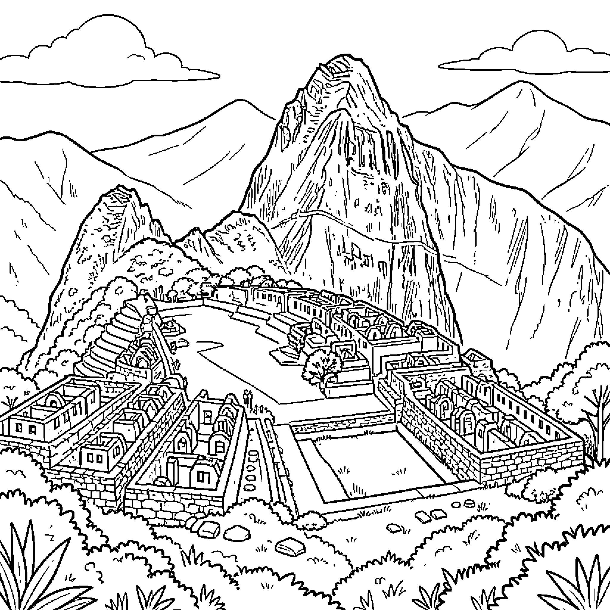 Machu Picchu - An Ancient Inca Citadel in the Andes Mountains Coloring Page (free black-and-white line drawing printable PDF for all, from beginners to advanced learners, including children, teens, adults, and seniors)