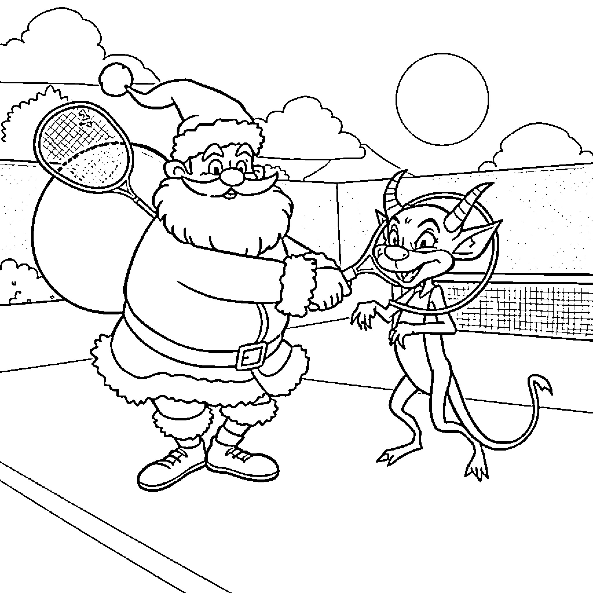 Santa playing tennis with a mischievous cat Coloring Page (free black-and-white line drawing printable PDF for all, from beginners to advanced learners, including children, teens, adults, and seniors)