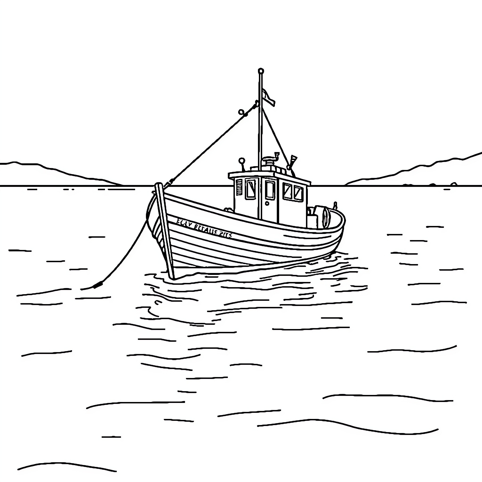 Santiago's fishing boat on the open waters Coloring Page (free black-and-white line drawing printable PDF for all, from beginners to advanced learners, including children, teens, adults, and seniors)
