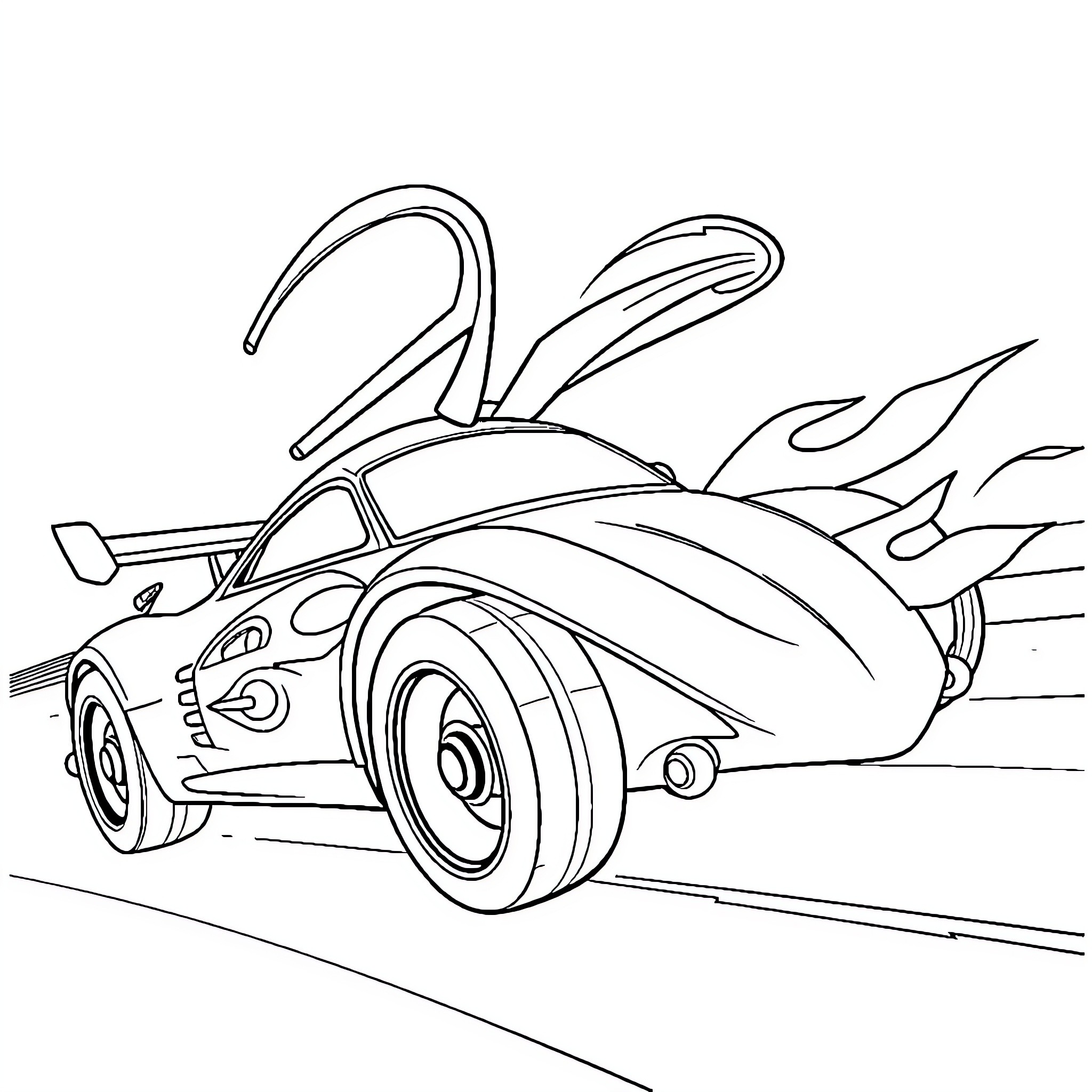 Voiture with high-speed flames in motion Coloring Page (free black-and-white line drawing printable PDF for all, from beginners to advanced learners, including children, teens, adults, and seniors)