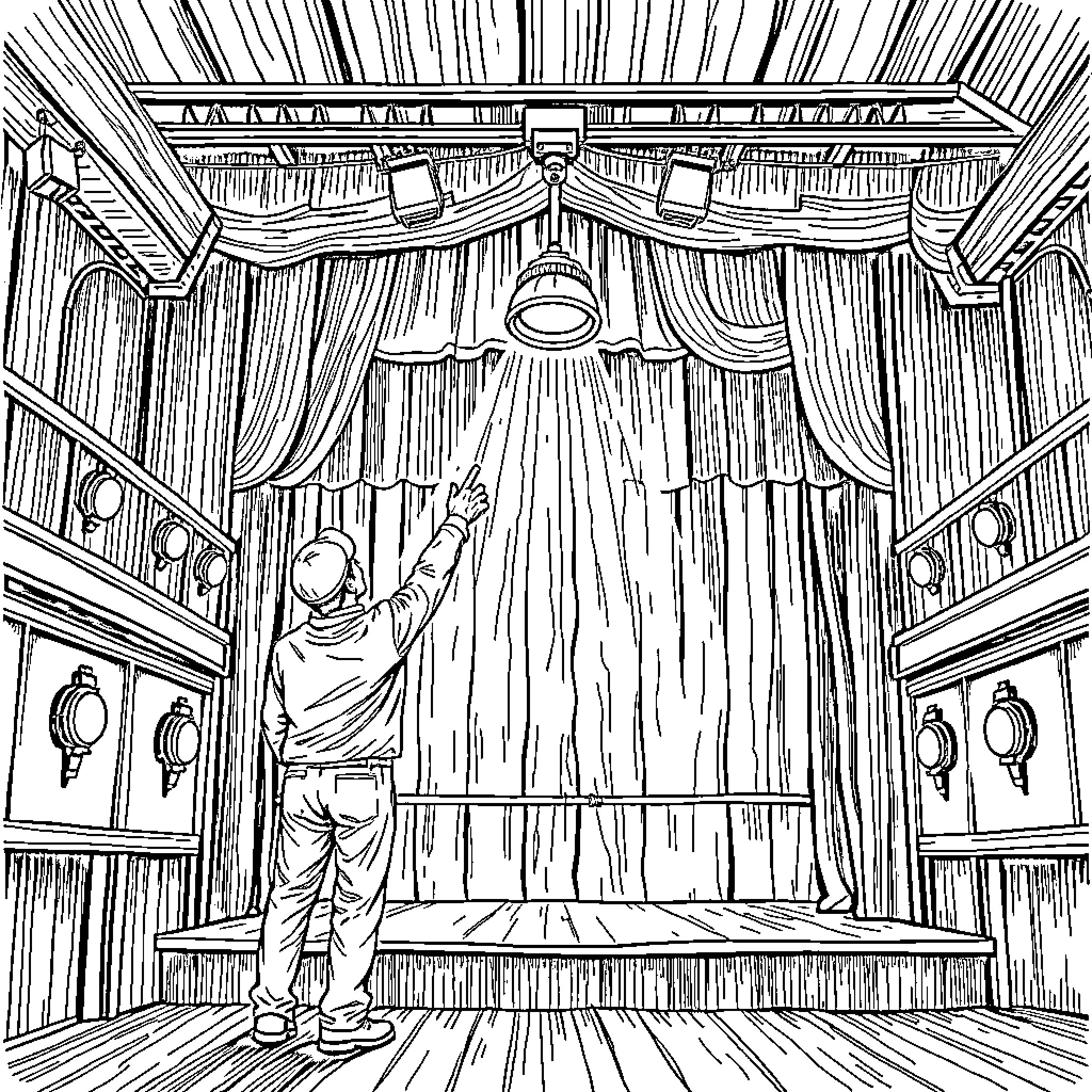 Stagehand preparing the theater for performance Coloring Page (free black-and-white line drawing printable PDF for all, from beginners to advanced learners, including children, teens, adults, and seniors)