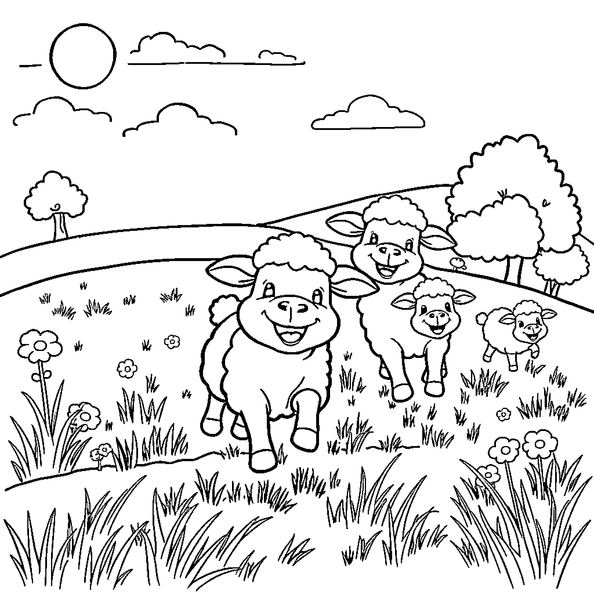 Sheep playing joyfully in the countryside Coloring Page (free black-and-white line drawing printable PDF for all, from beginners to advanced learners, including children, teens, adults, and seniors)