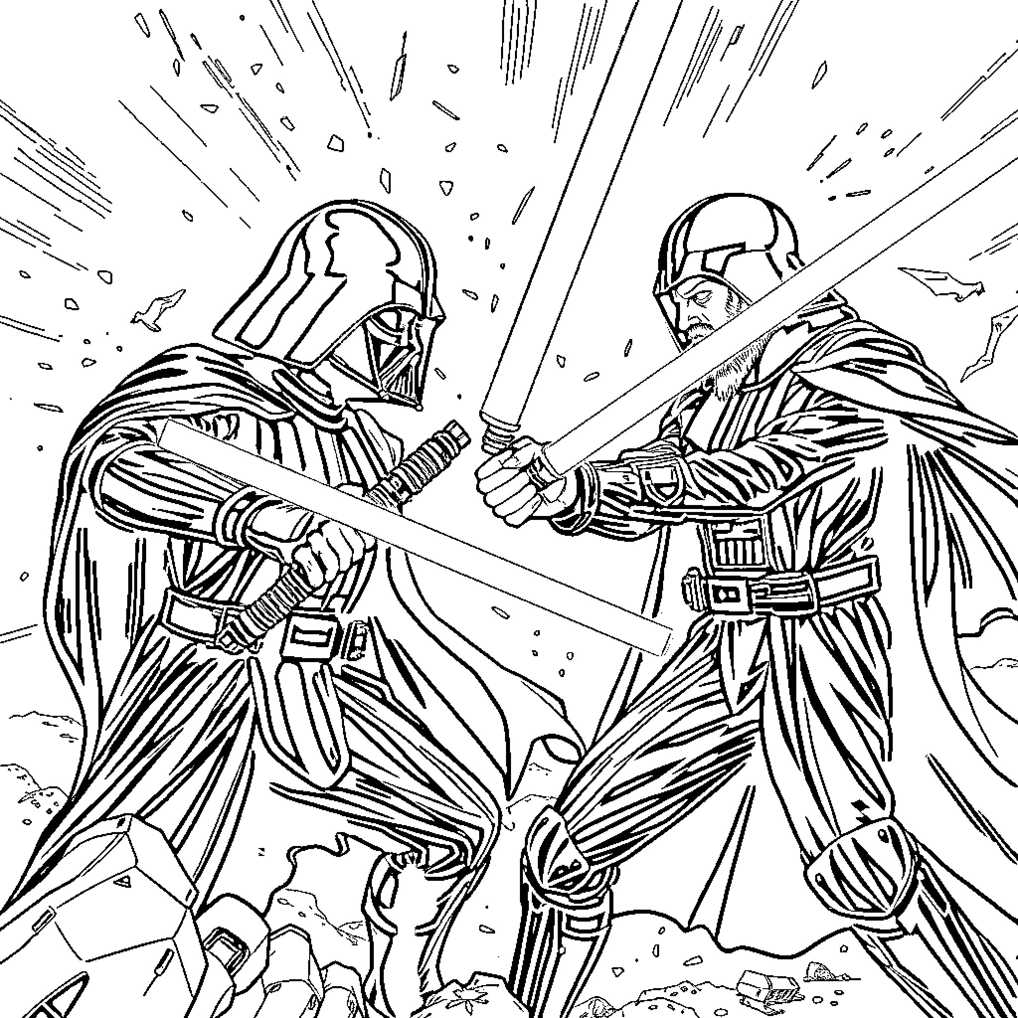 Rasmus Klump in epic lightsaber duel Coloring Page (free black-and-white line drawing printable PDF for all, from beginners to advanced learners, including children, teens, adults, and seniors)