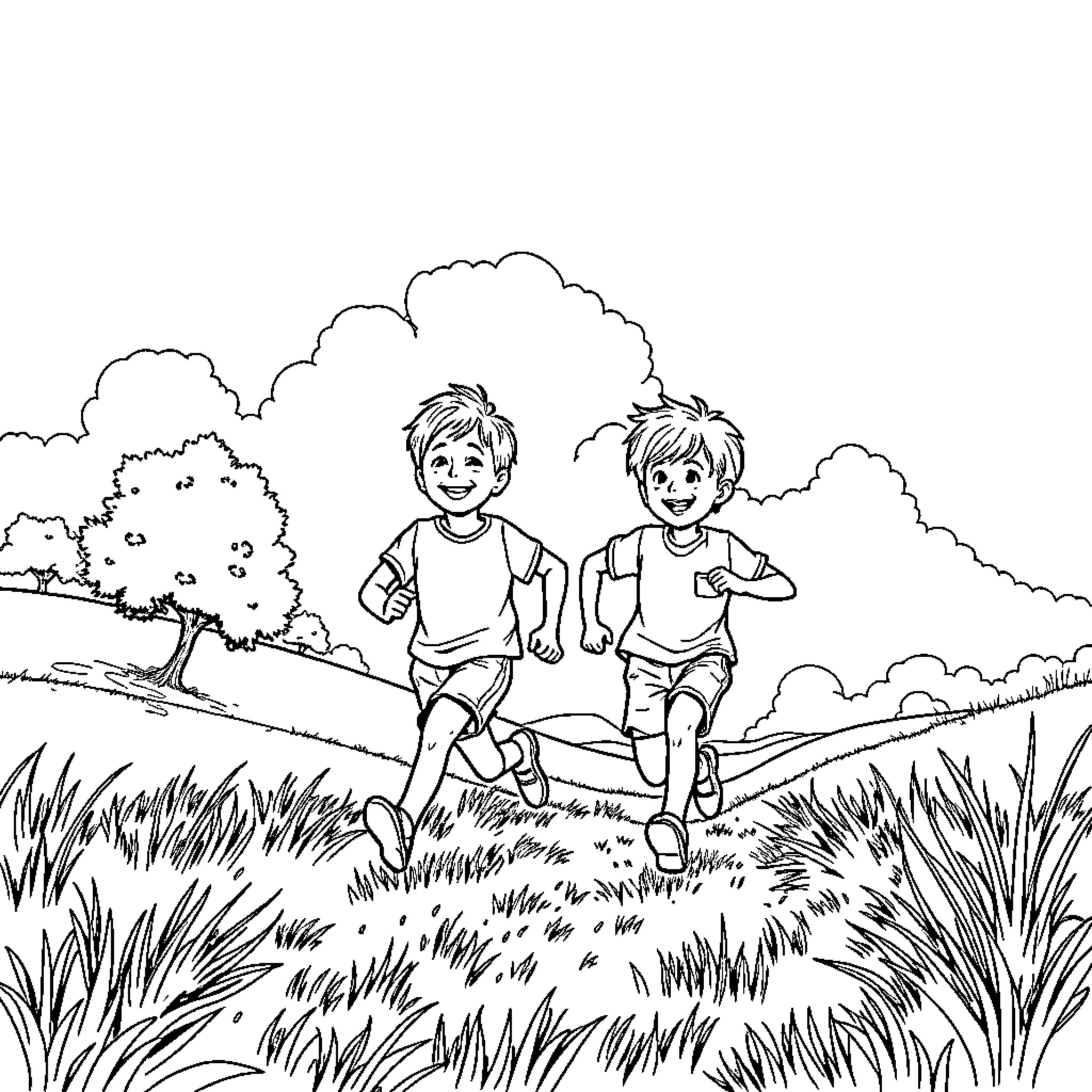 Brothers running joyfully through the countryside Coloring Page (free black-and-white line drawing printable PDF for all, from beginners to advanced learners, including children, teens, adults, and seniors)