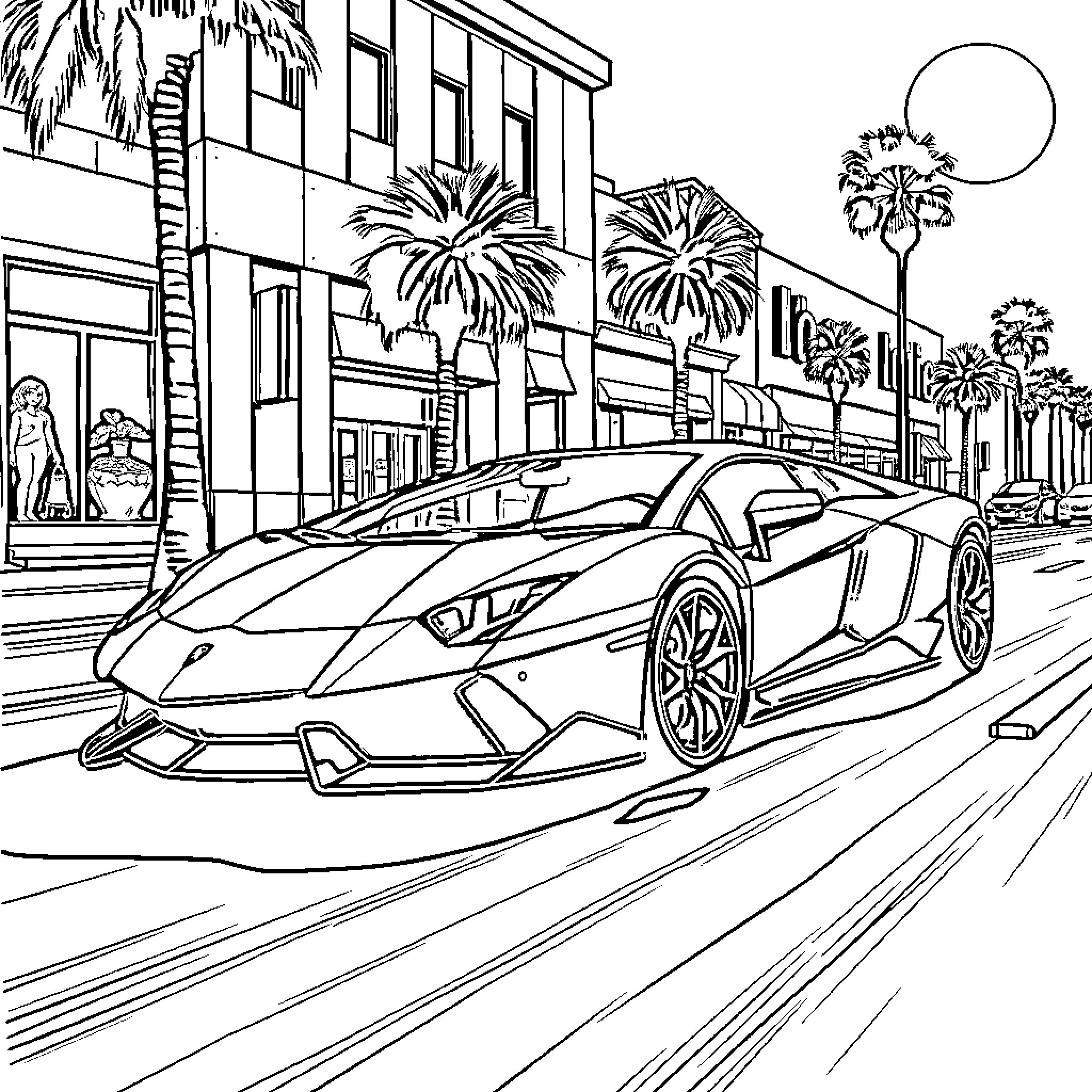 Lamborghini supercar speeding through a palm-lined city Coloring Page (free black-and-white line drawing printable PDF for all, from beginners to advanced learners, including children, teens, adults, and seniors)