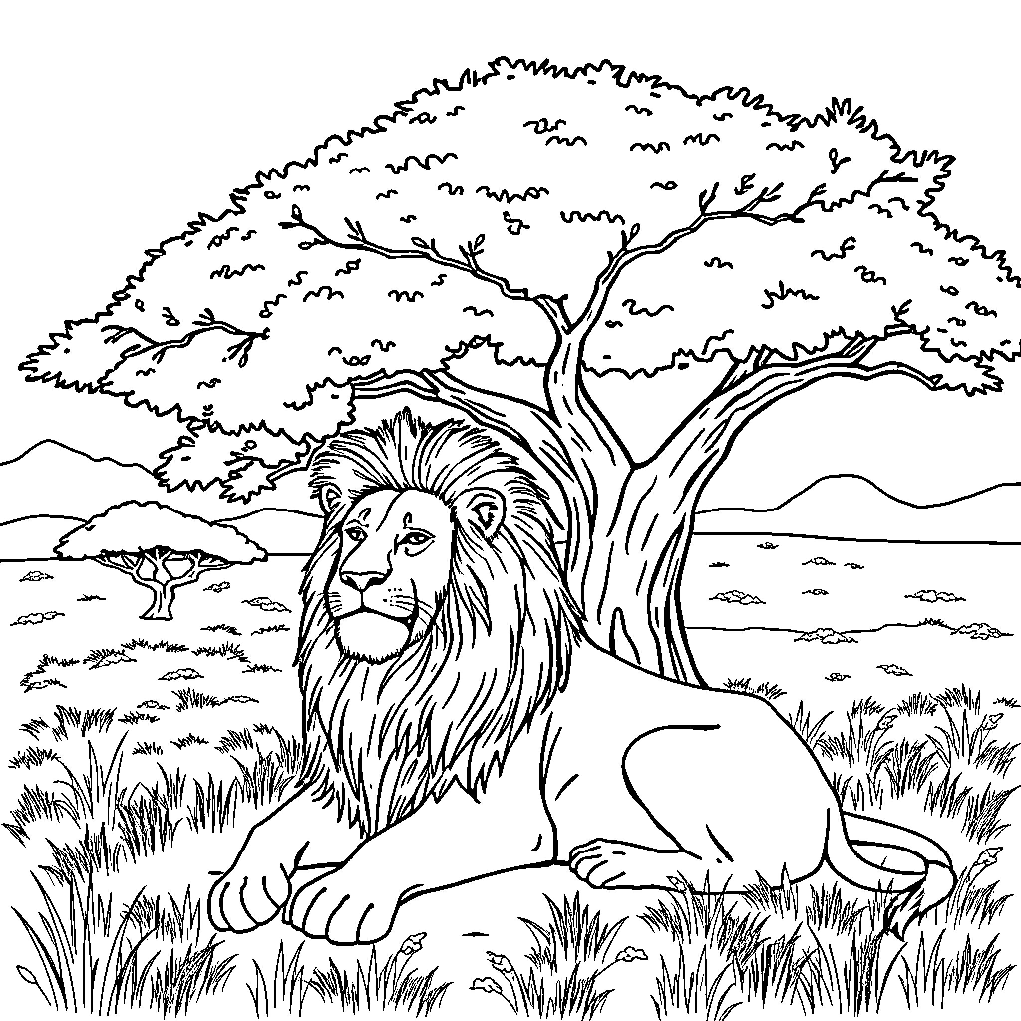Lion resting peacefully under a large tree Coloring Page (free black-and-white line drawing printable PDF for all, from beginners to advanced learners, including children, teens, adults, and seniors)