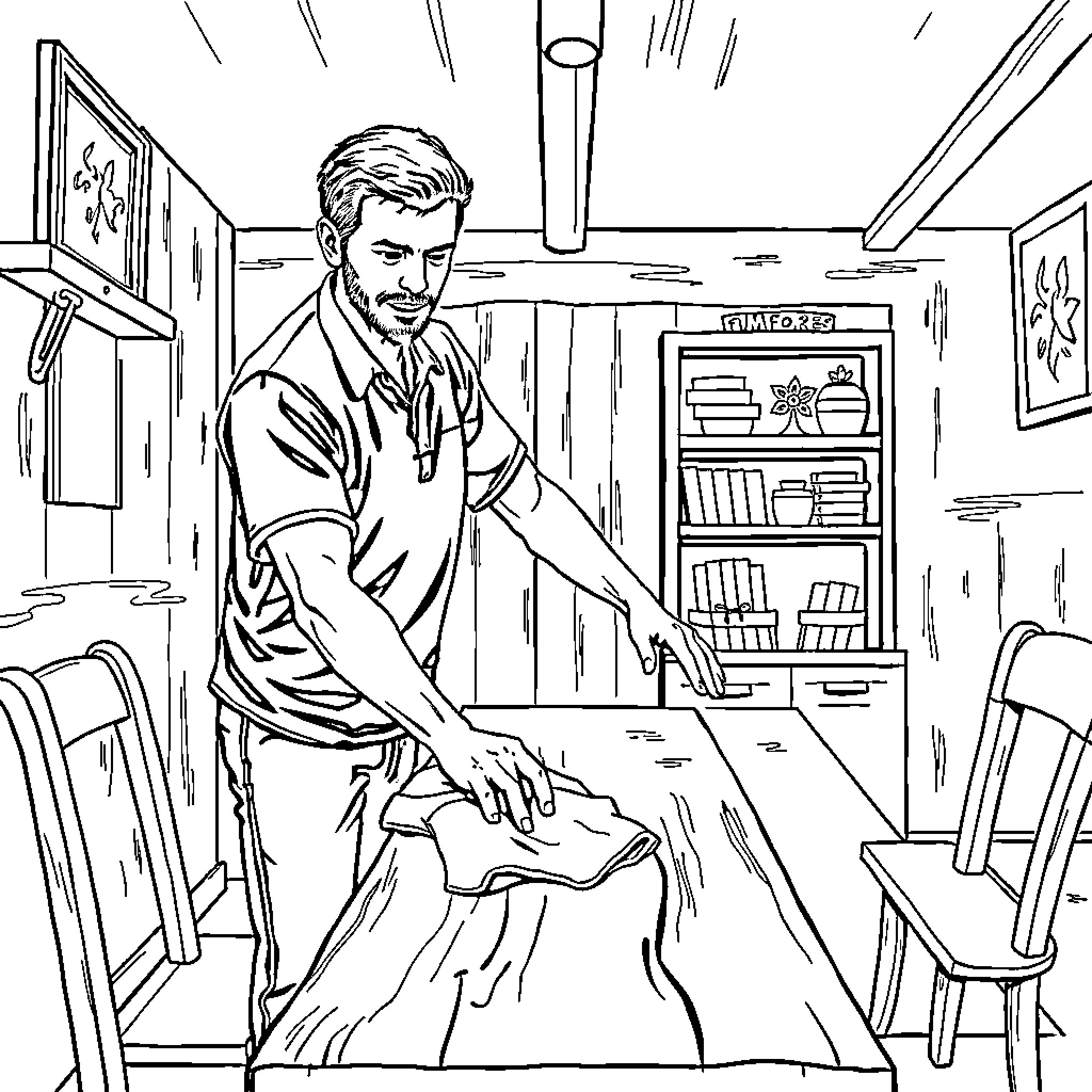 Man working diligently at his desk in the office Coloring Page (free black-and-white line drawing printable PDF for all, from beginners to advanced learners, including children, teens, adults, and seniors)