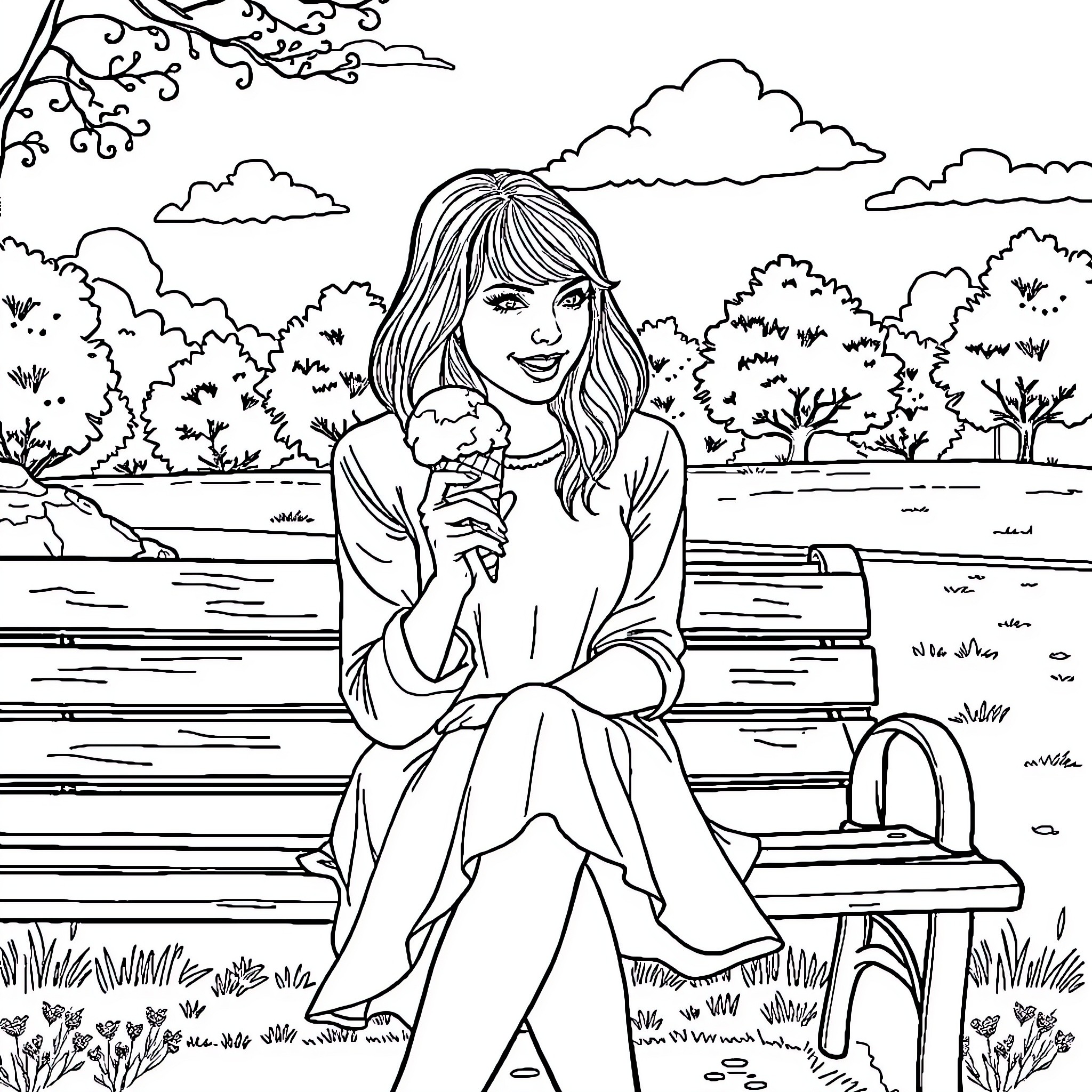Taylor Swift smiles in serene park setting Coloring Page (free black-and-white line drawing printable PDF for all, from beginners to advanced learners, including children, teens, adults, and seniors)