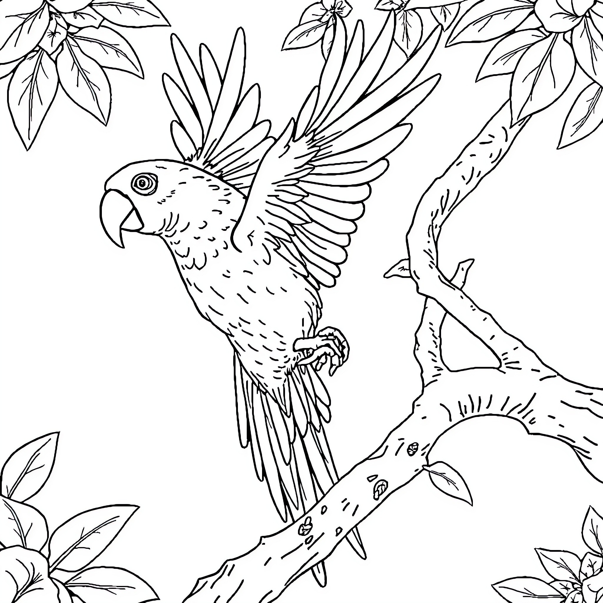 Parrot spreading its wings amid tropical foliage Coloring Page (free black-and-white line drawing printable PDF for all, from beginners to advanced learners, including children, teens, adults, and seniors)