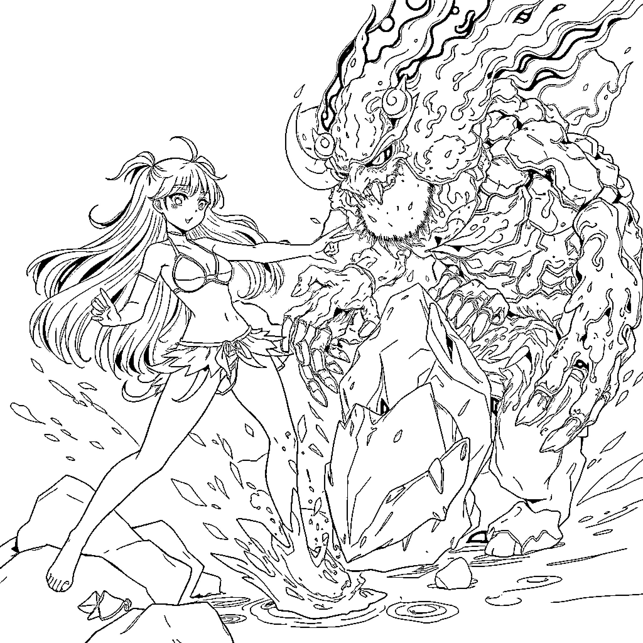 Anime Girl Commanding Fiery Elemental Creature Coloring Page (free black-and-white line drawing printable PDF for all, from beginners to advanced learners, including children, teens, adults, and seniors)