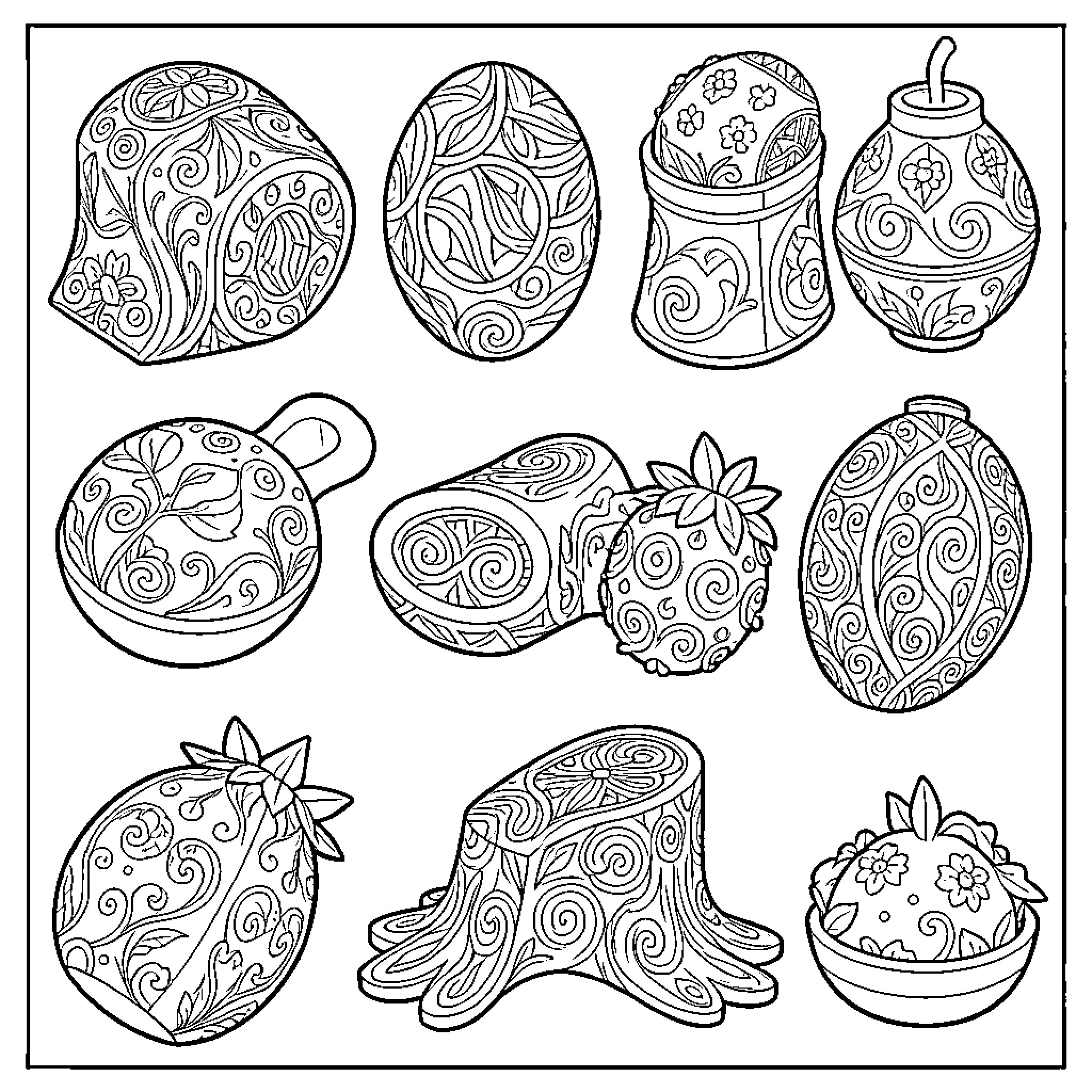 3D Image of various intricately patterned decorative objects Coloring Page (free black-and-white line drawing printable PDF for all, from beginners to advanced learners, including children, teens, adults, and seniors)