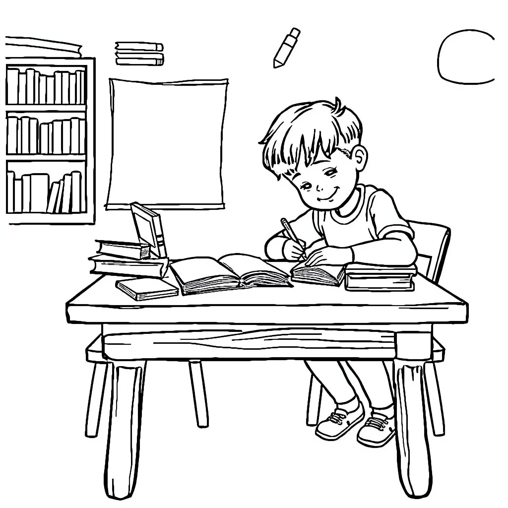 Kid studying diligently at desk with books Coloring Page (free black-and-white line drawing printable PDF for all, from beginners to advanced learners, including children, teens, adults, and seniors)