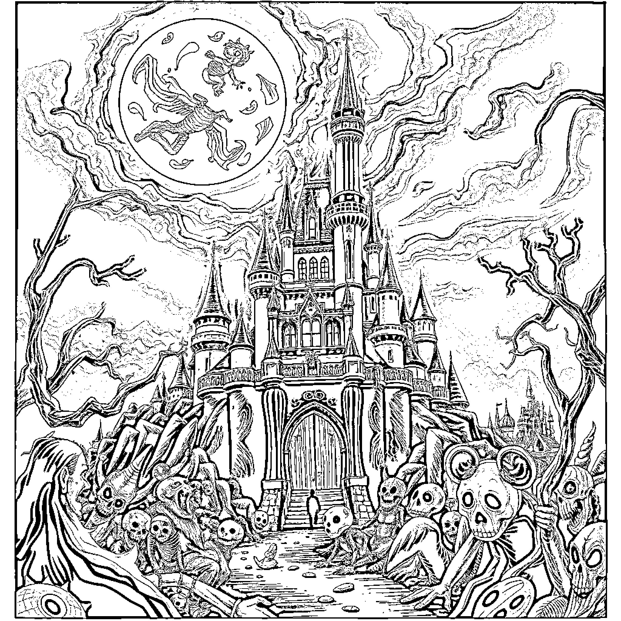 Disney Castle Surrounded by Magical Creatures Coloring Page (free black-and-white line drawing printable PDF for all, from beginners to advanced learners, including children, teens, adults, and seniors)