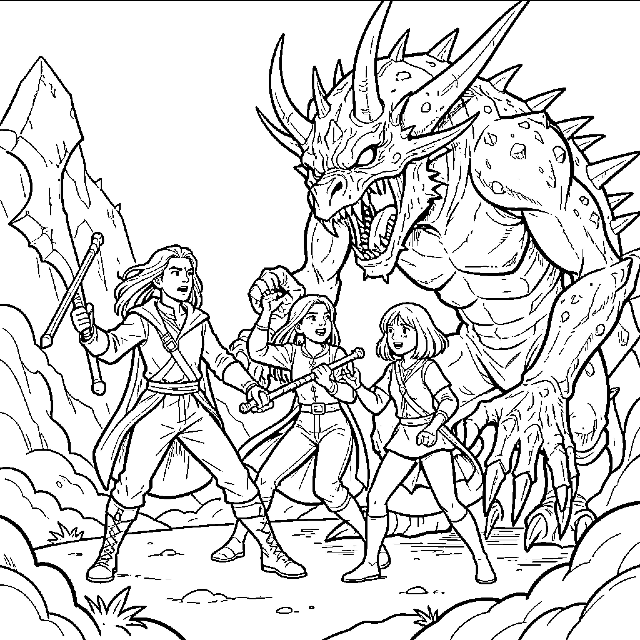 Lune adventurers facing a giant dragon monster Coloring Page (free black-and-white line drawing printable PDF for all, from beginners to advanced learners, including children, teens, adults, and seniors)