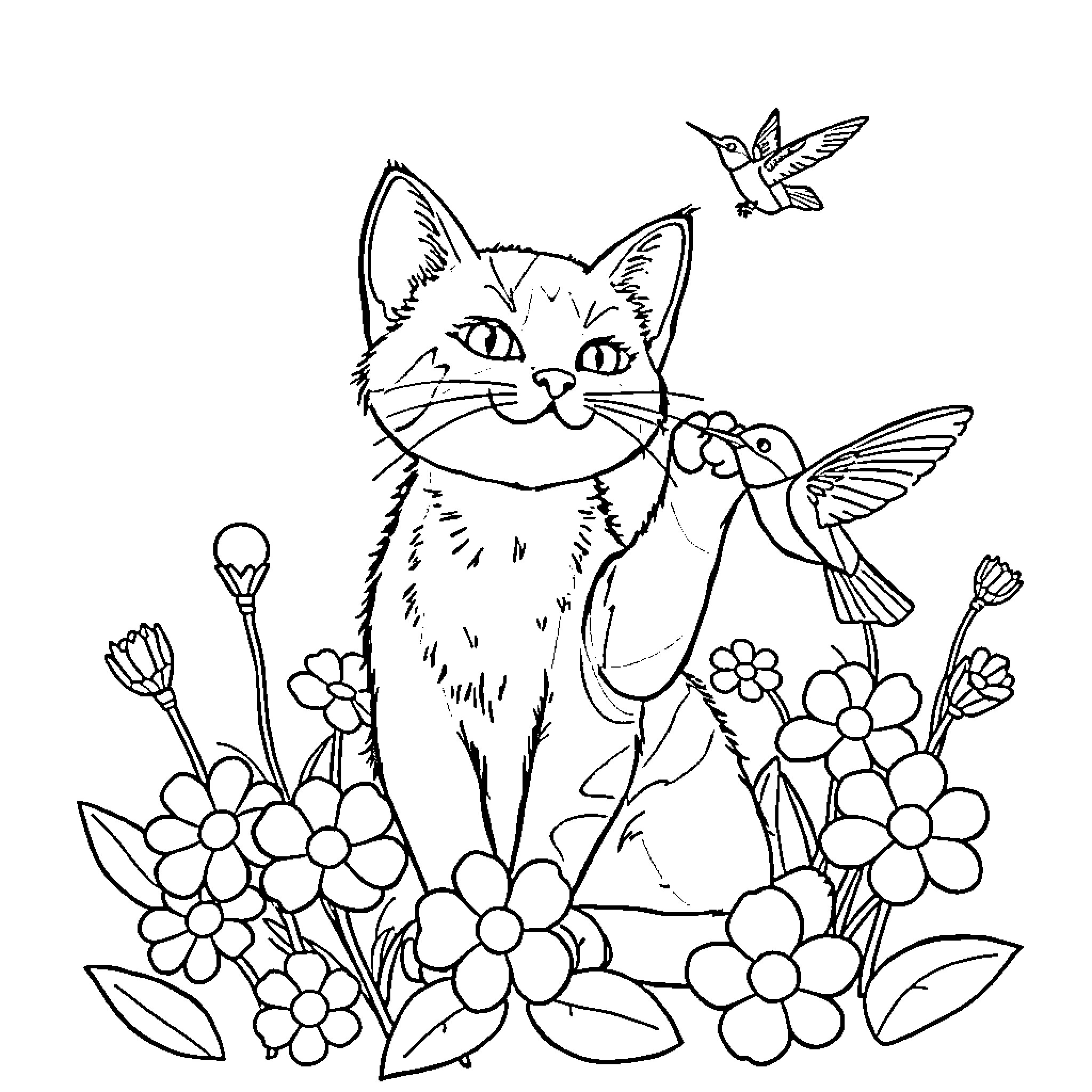 Cat surrounded by flowers and hummingbirds Coloring Page (free black-and-white line drawing printable PDF for all, from beginners to advanced learners, including children, teens, adults, and seniors)