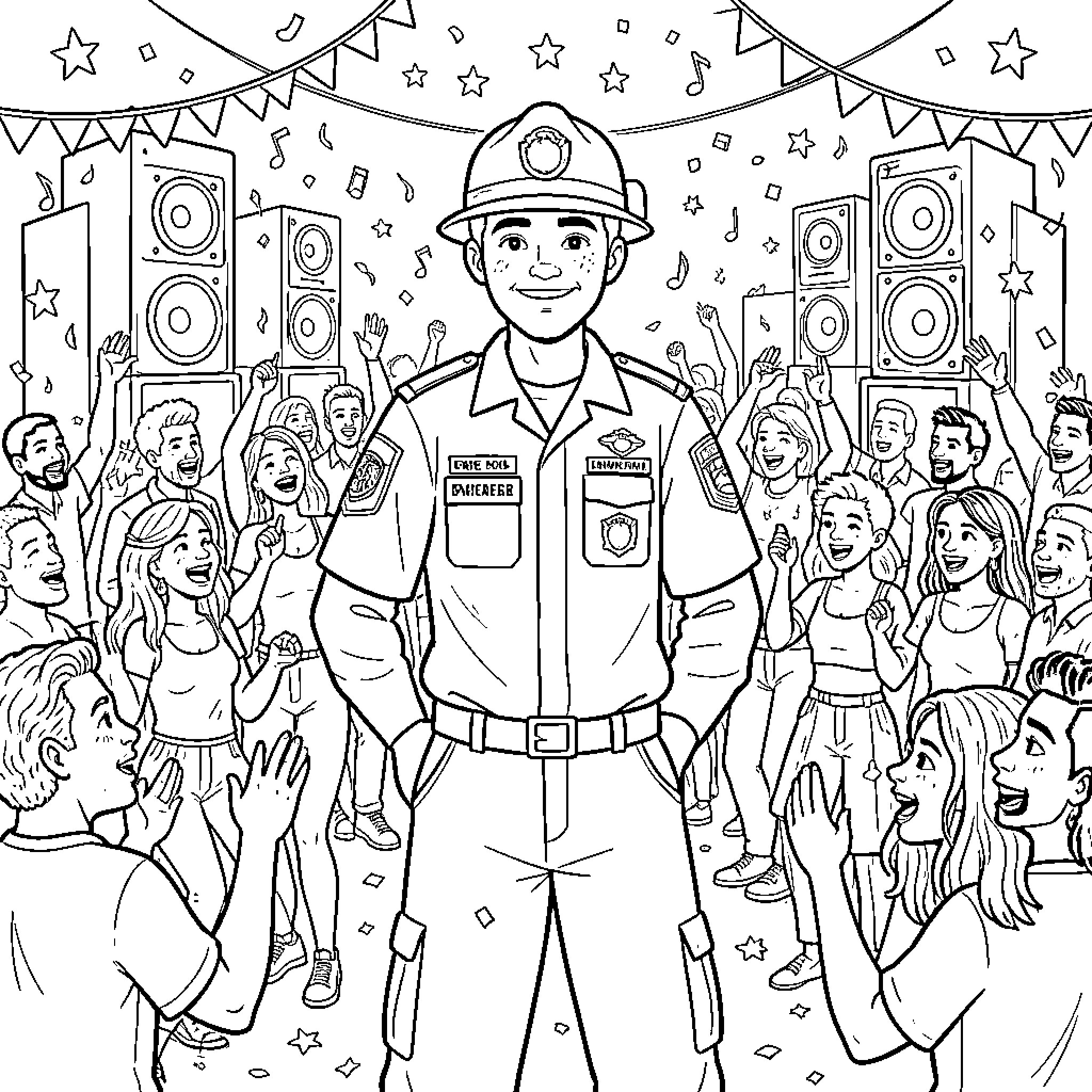 Paramedic leading a lively community celebration Coloring Page (free black-and-white line drawing printable PDF for all, from beginners to advanced learners, including children, teens, adults, and seniors)
