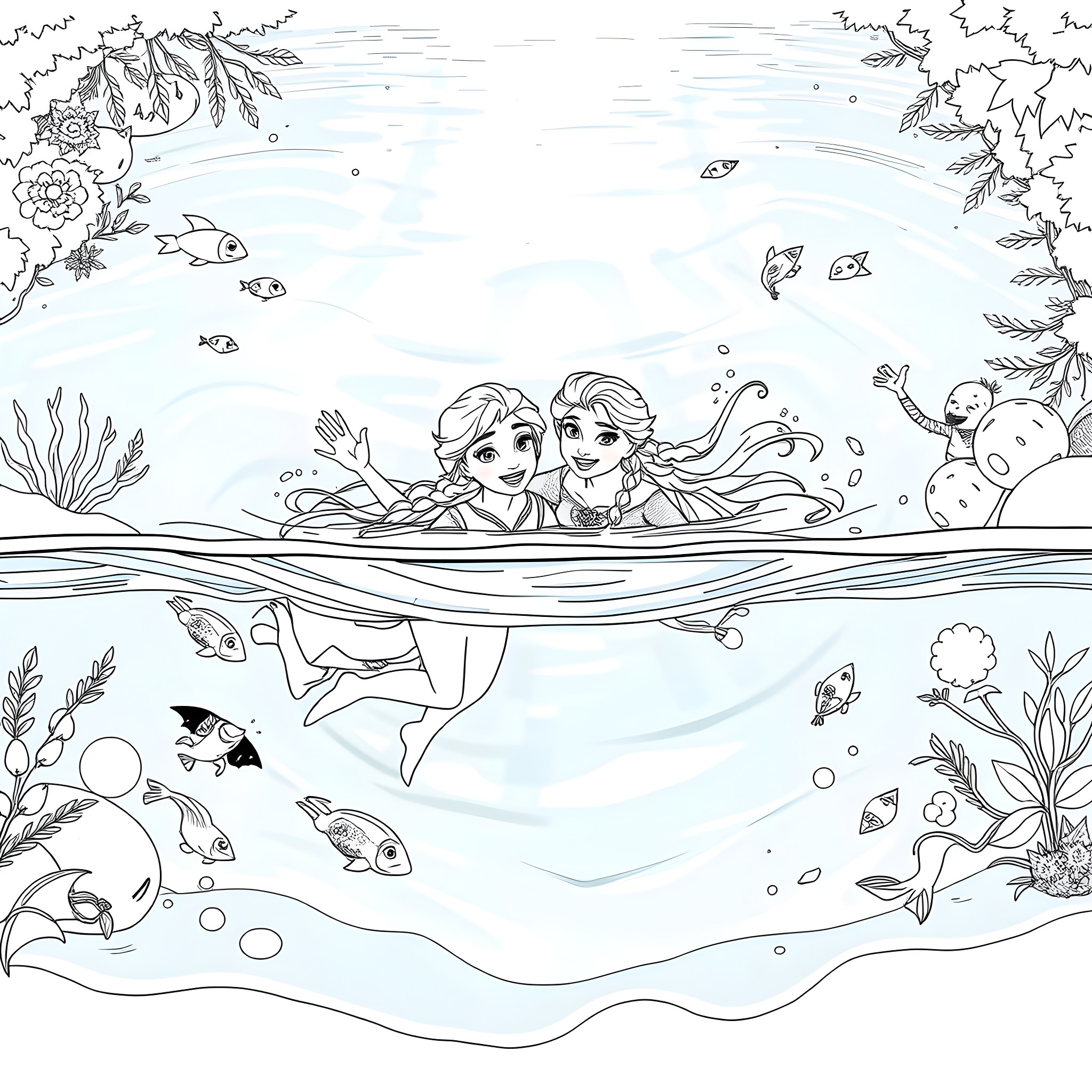 Anna and Elsa swimming with marine life Coloring Page (free black-and-white line drawing printable PDF for all, from beginners to advanced learners, including children, teens, adults, and seniors)