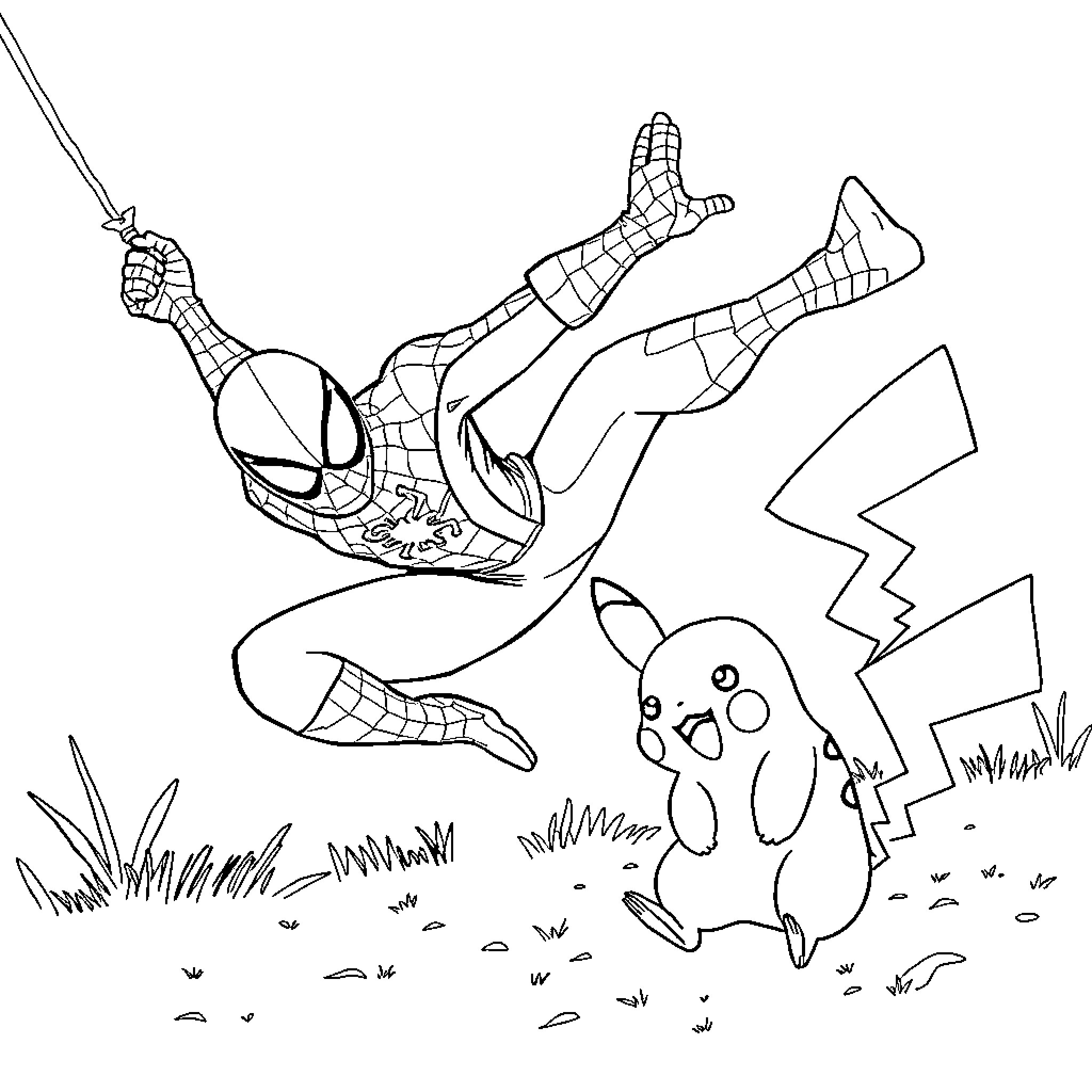 Spiderman swinging and encountering a Pokemon Coloring Page (free black-and-white line drawing printable PDF for all, from beginners to advanced learners, including children, teens, adults, and seniors)