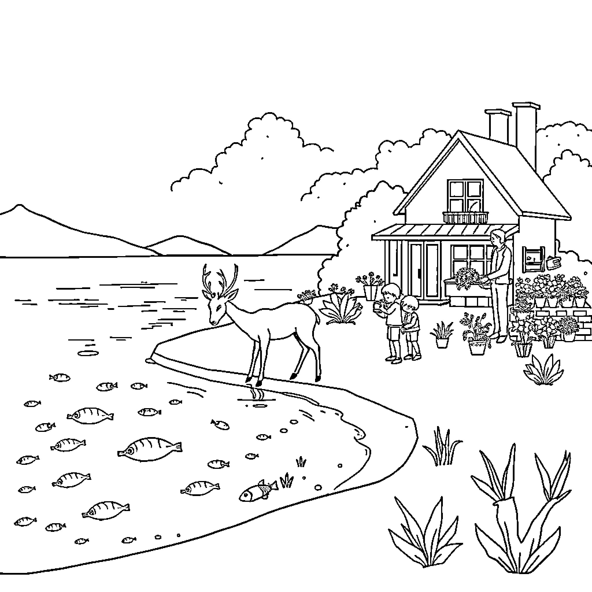 Beach house with deer and people in the scenery Coloring Page (free black-and-white line drawing printable PDF for all, from beginners to advanced learners, including children, teens, adults, and seniors)