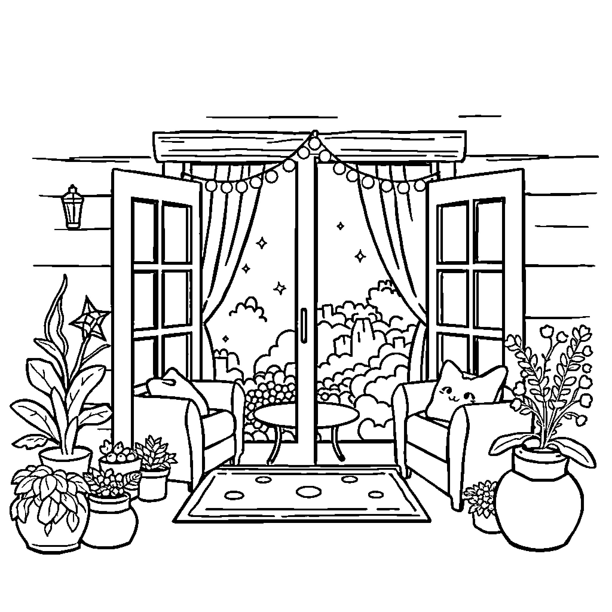 Home cozy interior with plants and festive decorations Coloring Page (free black-and-white line drawing printable PDF for all, from beginners to advanced learners, including children, teens, adults, and seniors)