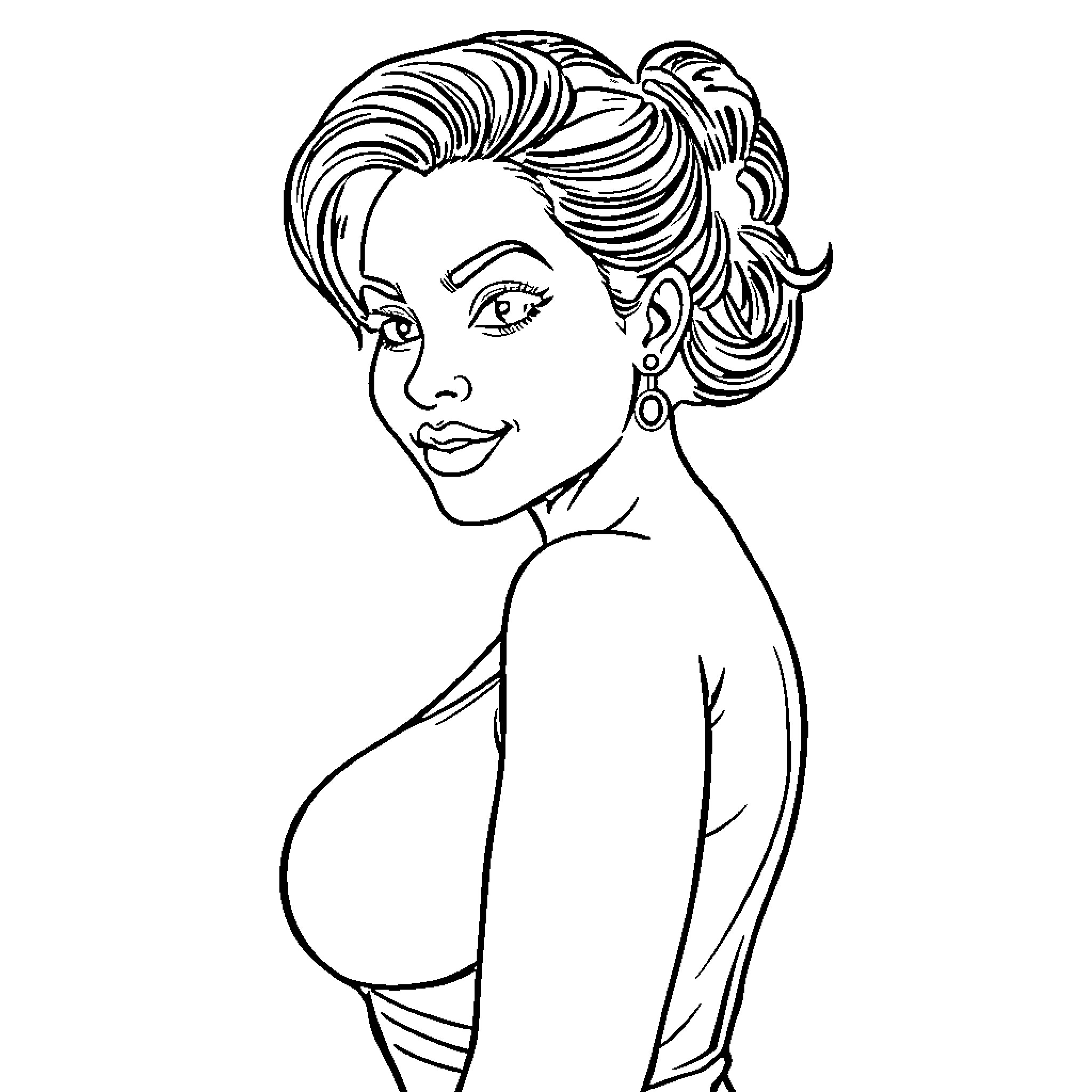 Latina woman with stylish hairstyle and confident pose Coloring Page (free black-and-white line drawing printable PDF for all, from beginners to advanced learners, including children, teens, adults, and seniors)