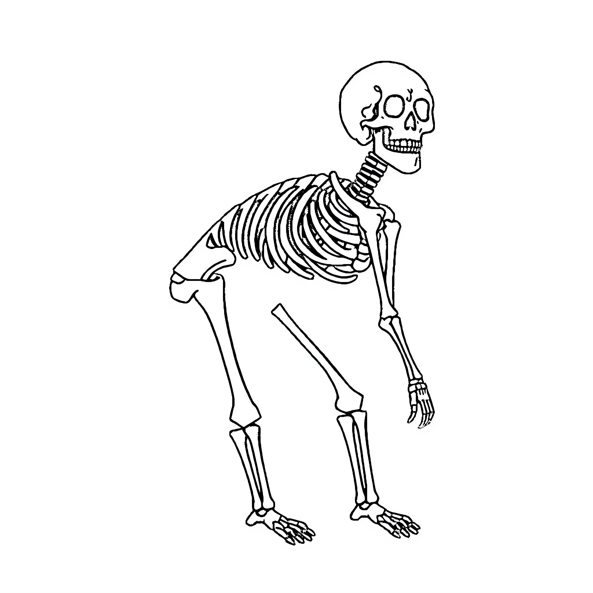 Skeleton in a peculiar pose Coloring Page (free black-and-white line drawing printable PDF for all, from beginners to advanced learners, including children, teens, adults, and seniors)
