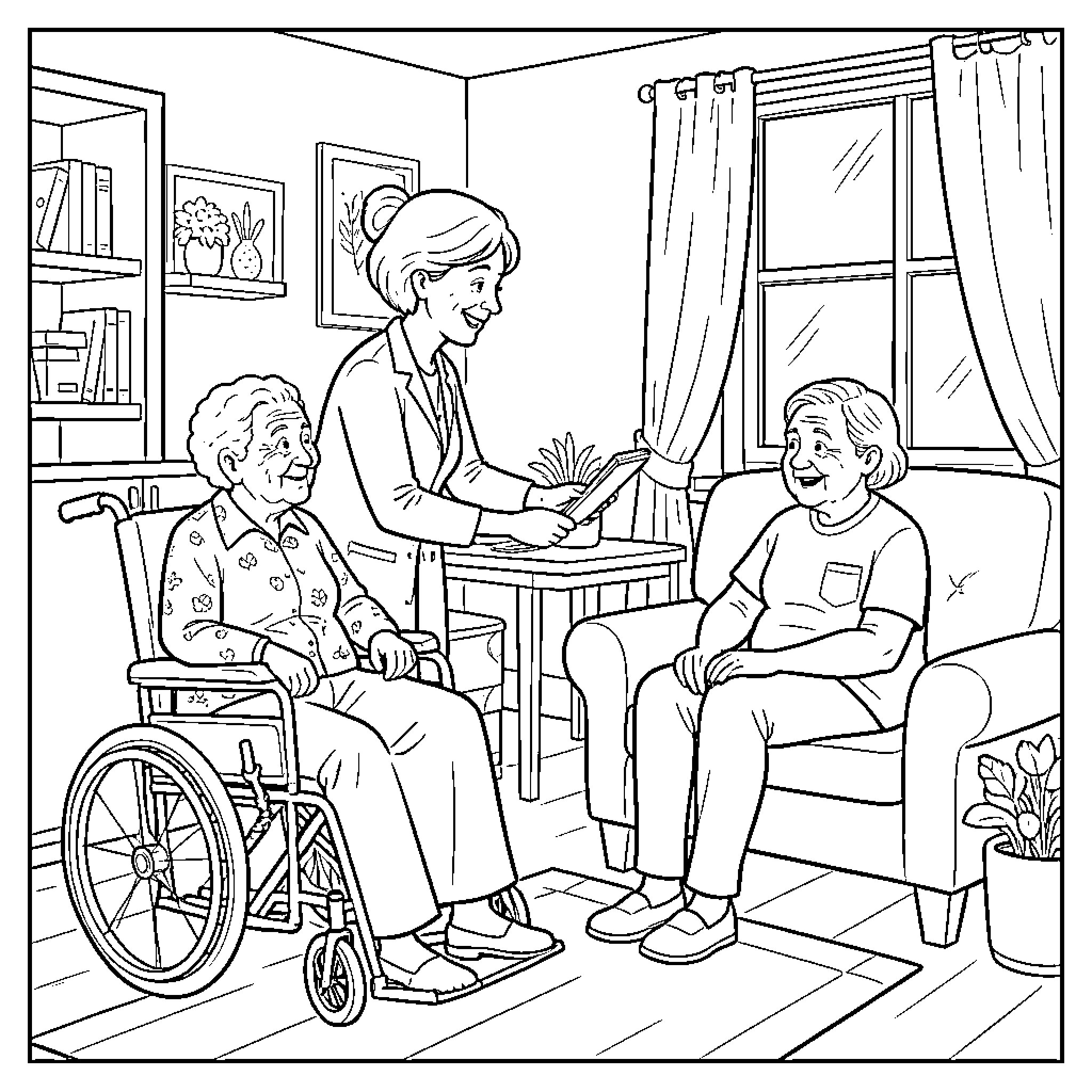 Assistant smiling while talking to elderly people in a room Coloring Page (free black-and-white line drawing printable PDF for all, from beginners to advanced learners, including children, teens, adults, and seniors)