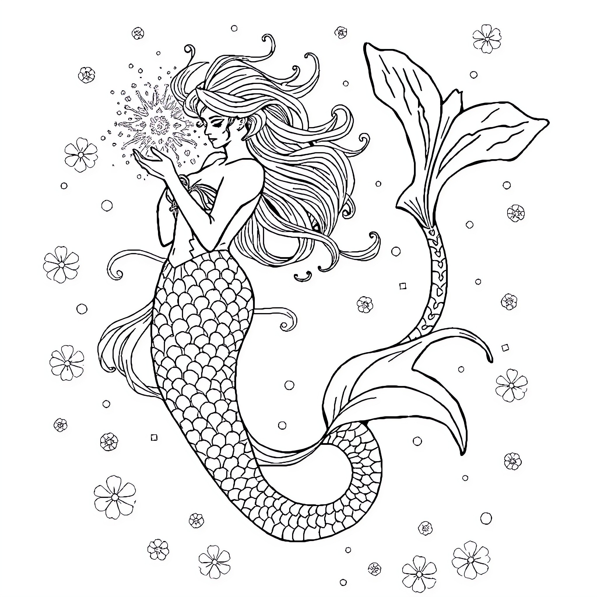 Siren enchanting the sea with her beauty Coloring Page (free black-and-white line drawing printable PDF for all, from beginners to advanced learners, including children, teens, adults, and seniors)