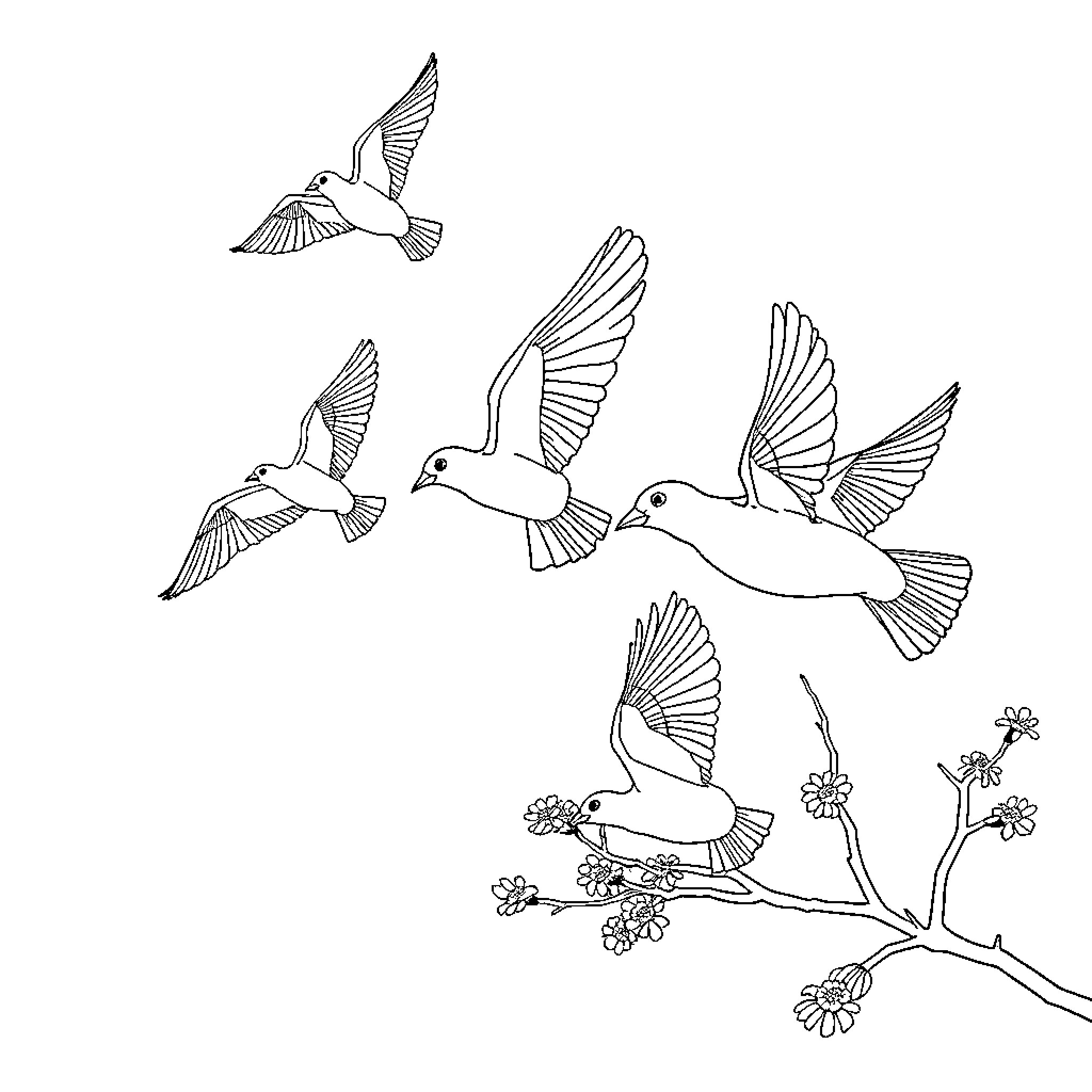 Birds in flight over a floral branch Coloring Page (free black-and-white line drawing printable PDF for all, from beginners to advanced learners, including children, teens, adults, and seniors)