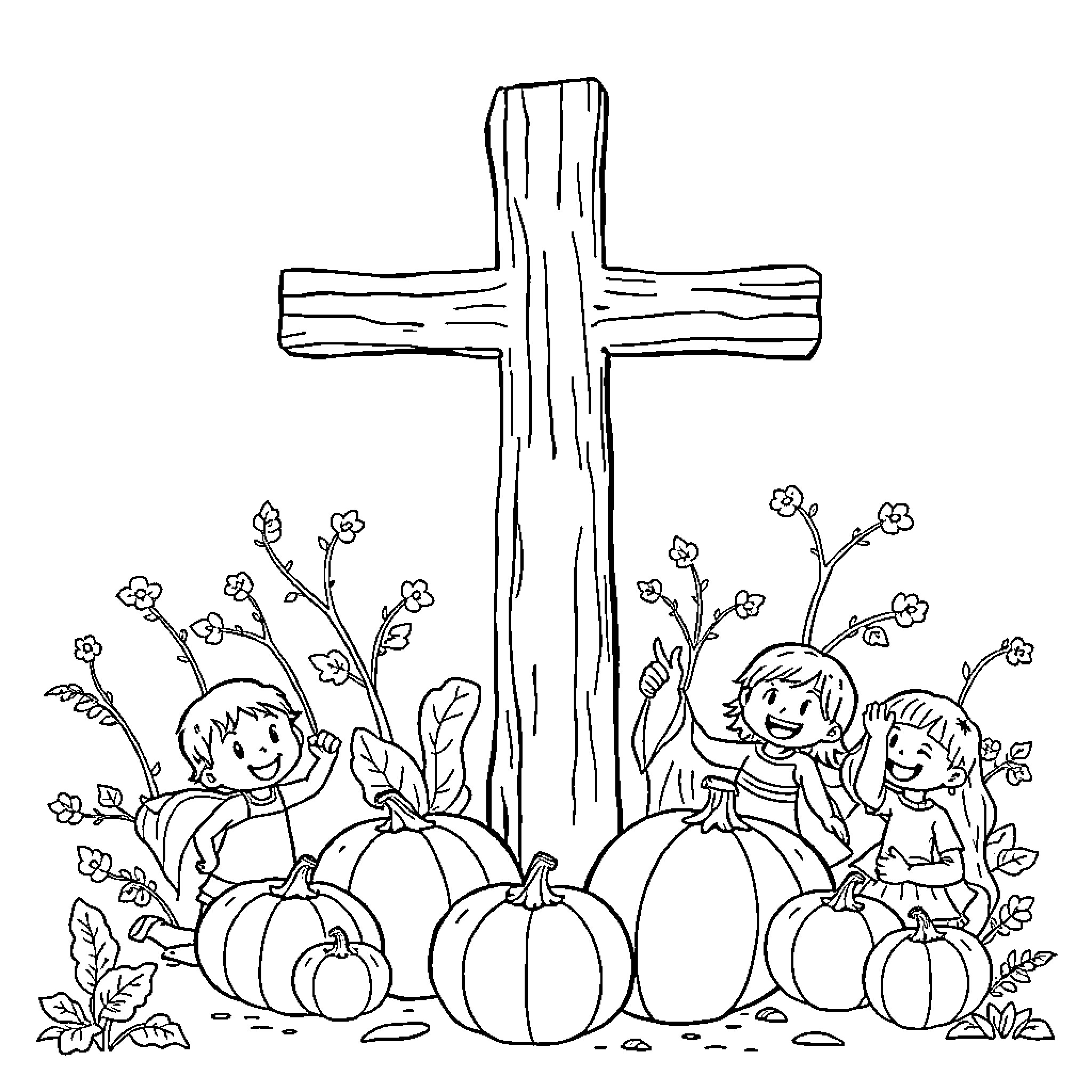 Cross and Joyful Children with Pumpkins Coloring Page (free black-and-white line drawing printable PDF for all, from beginners to advanced learners, including children, teens, adults, and seniors)