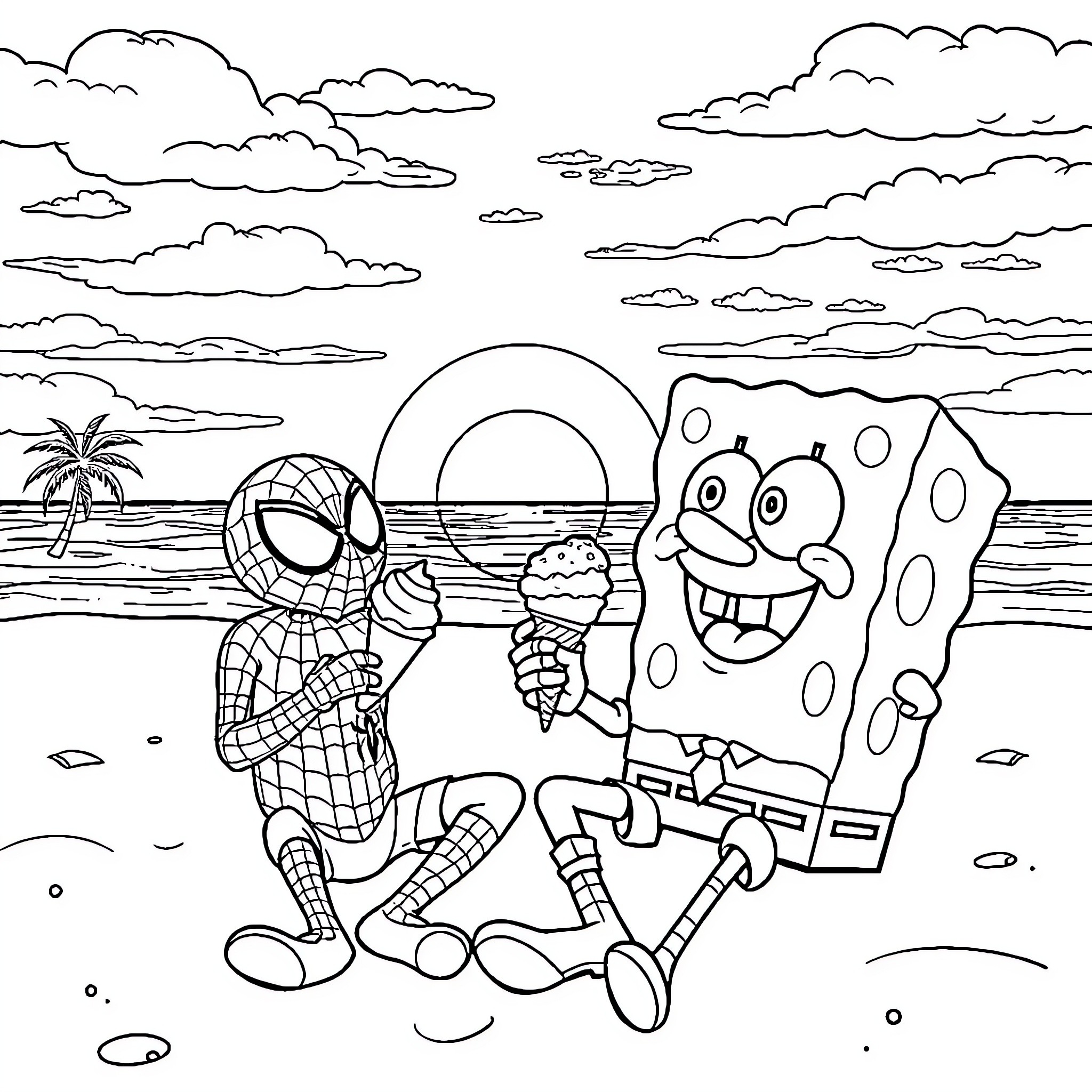 Spongebob and Spiderman having fun at the beach Coloring Page (free black-and-white line drawing printable PDF for all, from beginners to advanced learners, including children, teens, adults, and seniors)