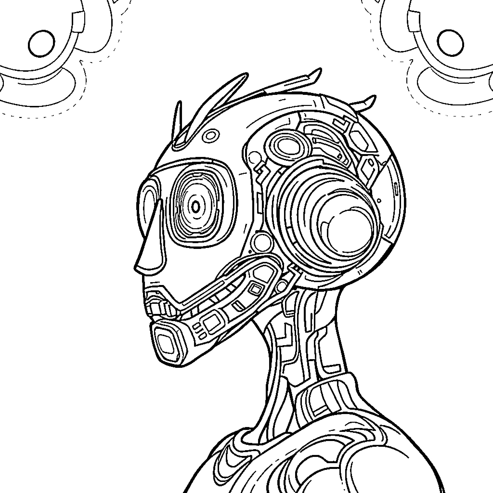 AI Cyborg profile with abstract geometric patterns Coloring Page (free black-and-white line drawing printable PDF for all, from beginners to advanced learners, including children, teens, adults, and seniors)