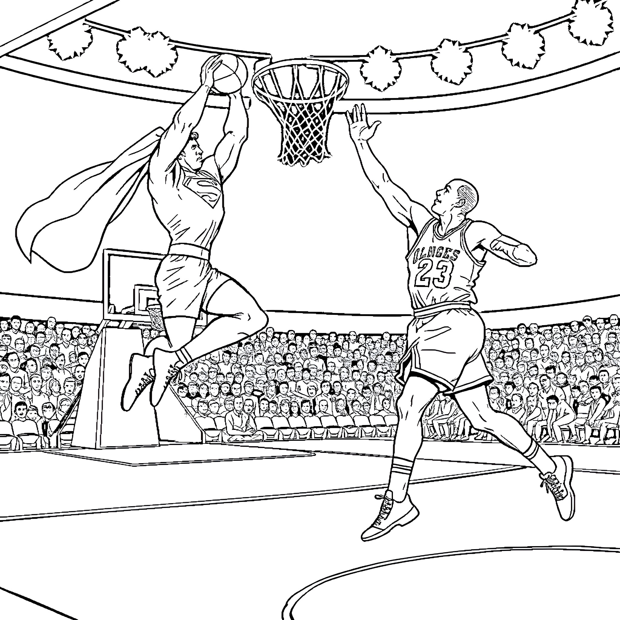 Superman Basketball Superstars Showcase Heroic Moves Coloring Page (free black-and-white line drawing printable PDF for all, from beginners to advanced learners, including children, teens, adults, and seniors)