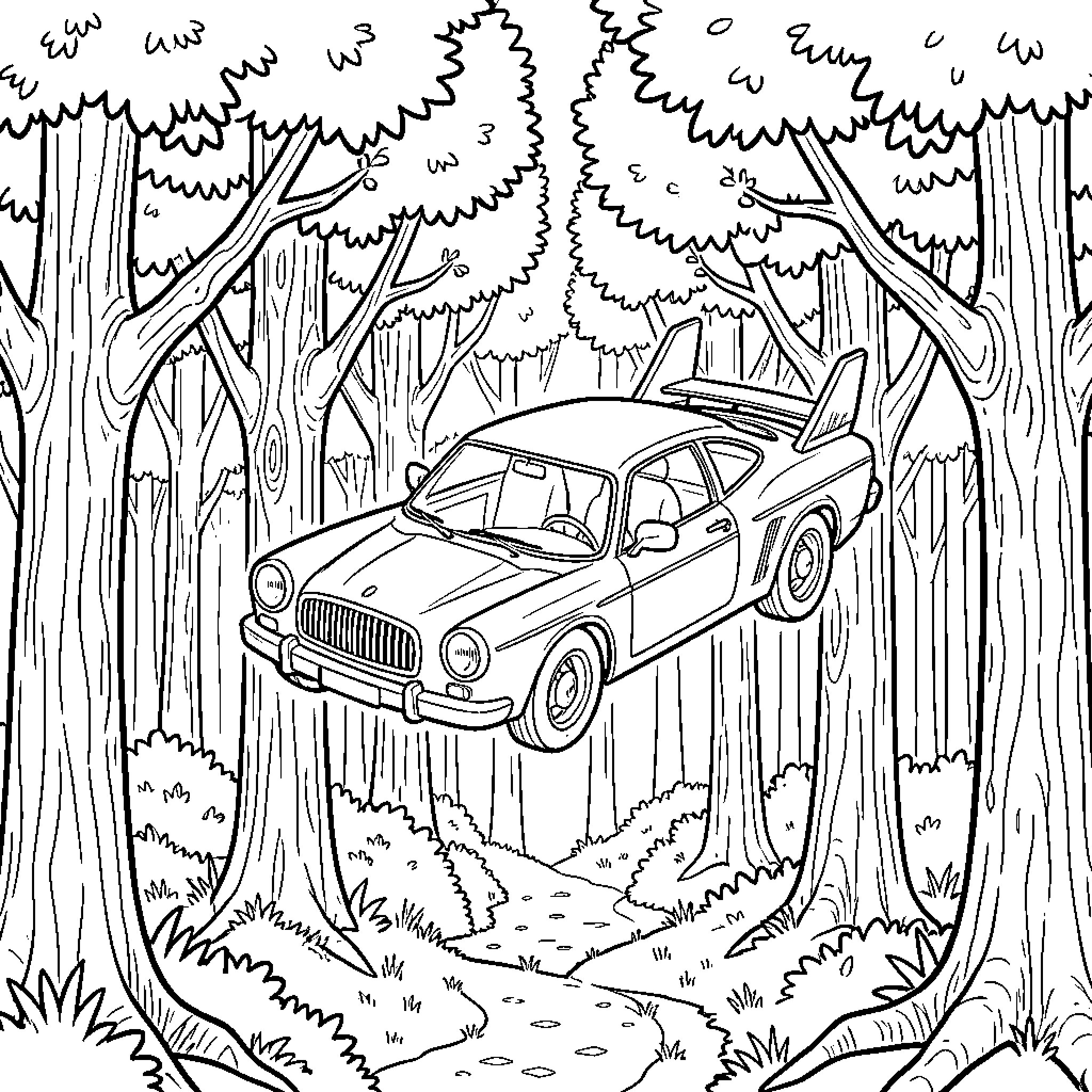 Voiture Volante soaring through a dense forest Coloring Page (free black-and-white line drawing printable PDF for all, from beginners to advanced learners, including children, teens, adults, and seniors)