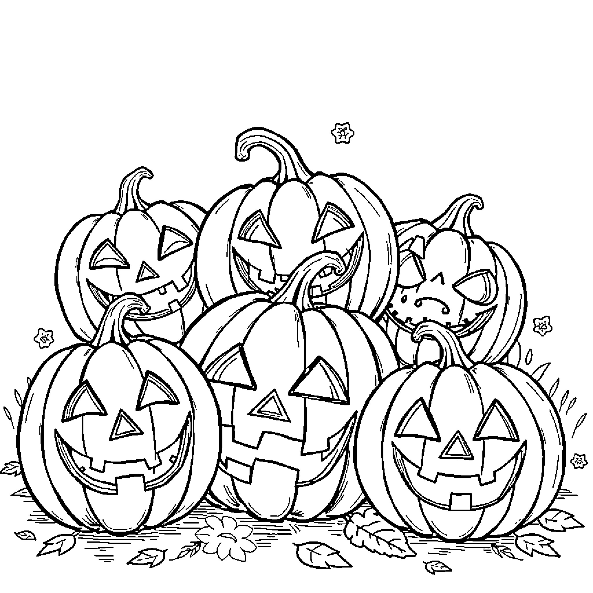 Pumpkin Patch of Carved Jack-o'-Lanterns Coloring Page (free black-and-white line drawing printable PDF for all, from beginners to advanced learners, including children, teens, adults, and seniors)