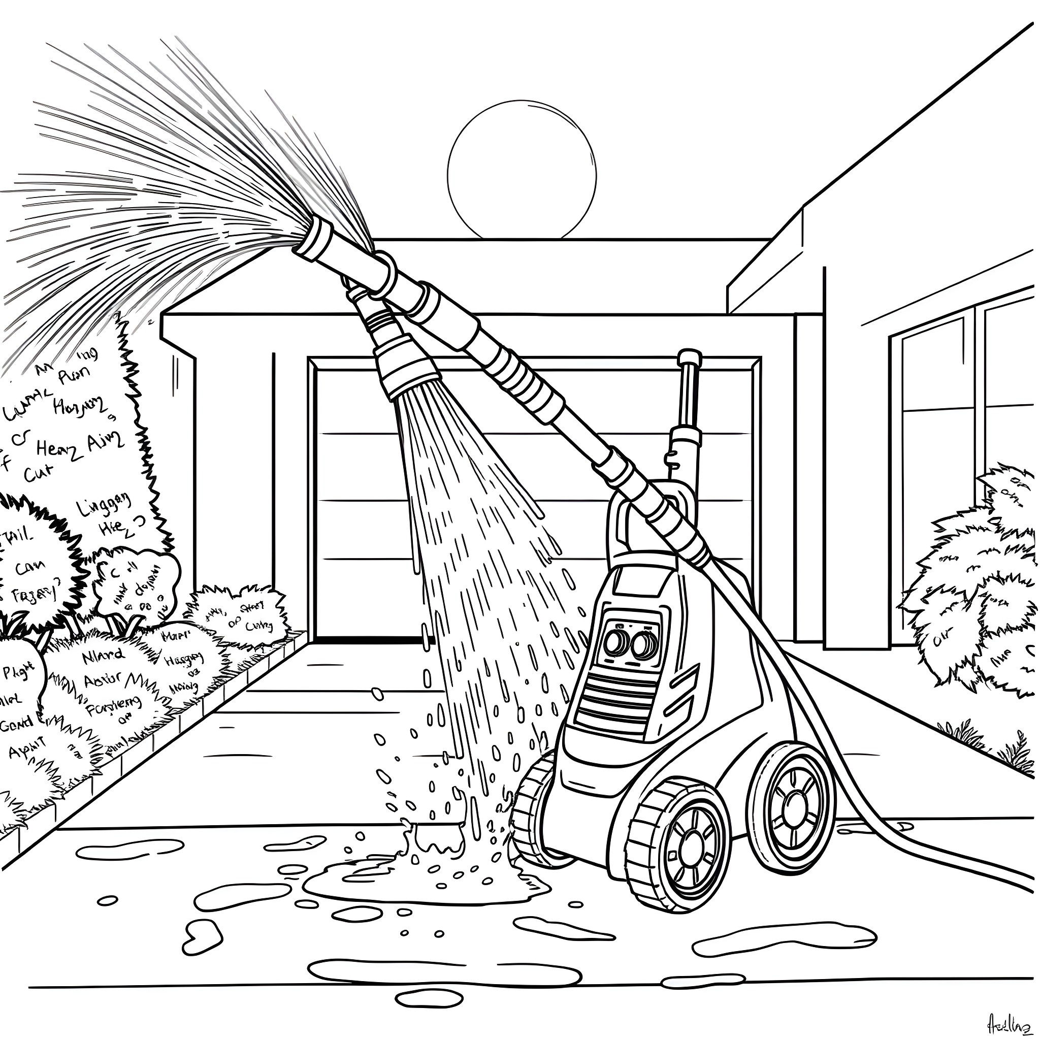 Power Washer Cleaning Outdoor Surfaces Coloring Page (free black-and-white line drawing printable PDF for all, from beginners to advanced learners, including children, teens, adults, and seniors)