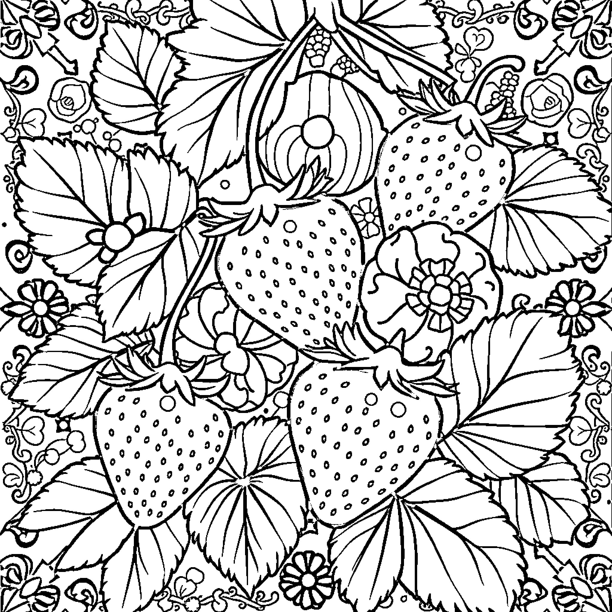 Strawberry Delight: A Garden Bounty of Blooms Coloring Page (free black-and-white line drawing printable PDF for all, from beginners to advanced learners, including children, teens, adults, and seniors)